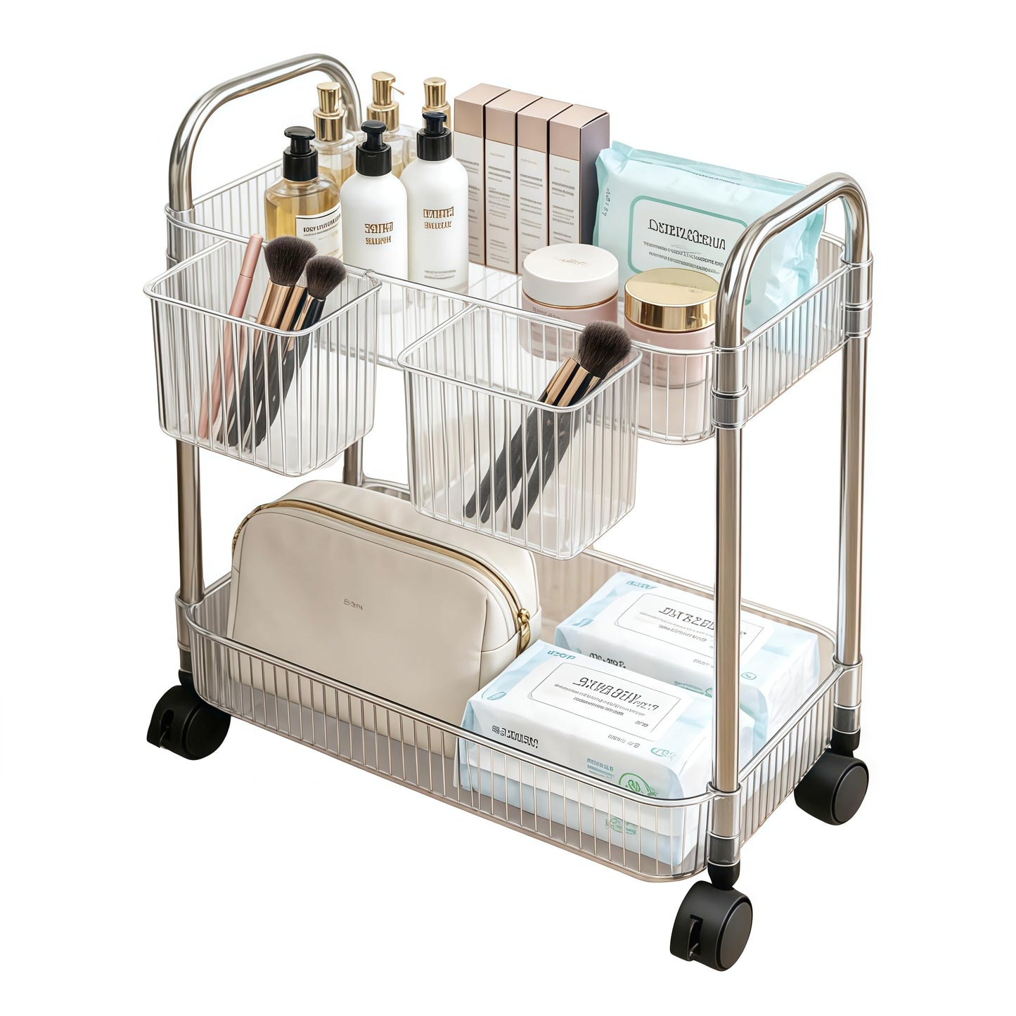 Ufriandz 2 Tier Utility Rolling Cart with Wheels Sofa Side Table Small Under Desk Storage Organizer, Clear Acrylic Plastic Mobile Trolley Organization Storage Cart for Kitchen Pantry Bathroom Vanity