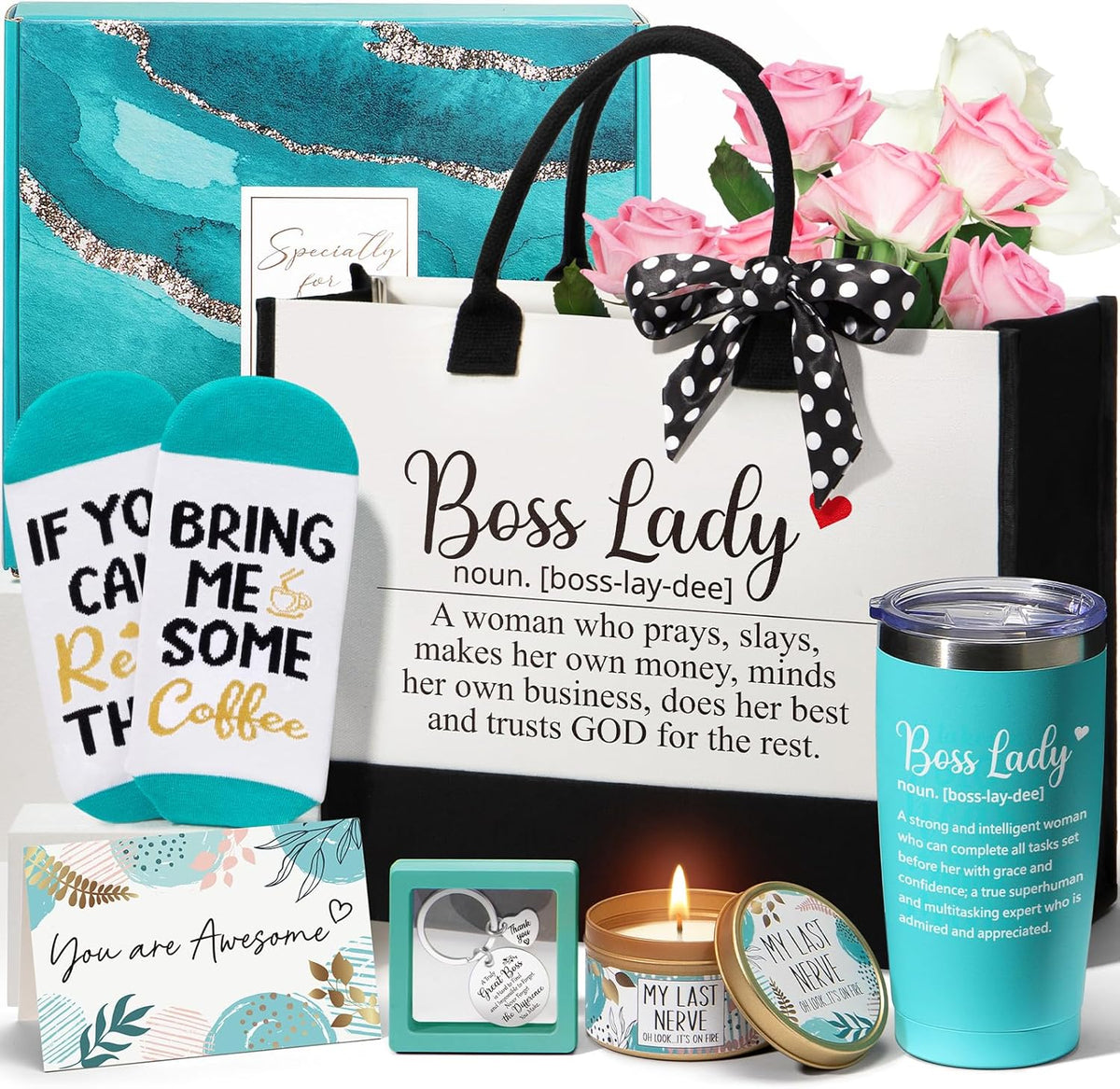 Boss Day Gifts for Her Women, Best Boss Lady Gifts for Women Cool Bosses Christmas Gift Basket for Female, Funny Thank You Bosses Lady Appreciation Birthday Farewell Gift Set with Canvas Tote Bag