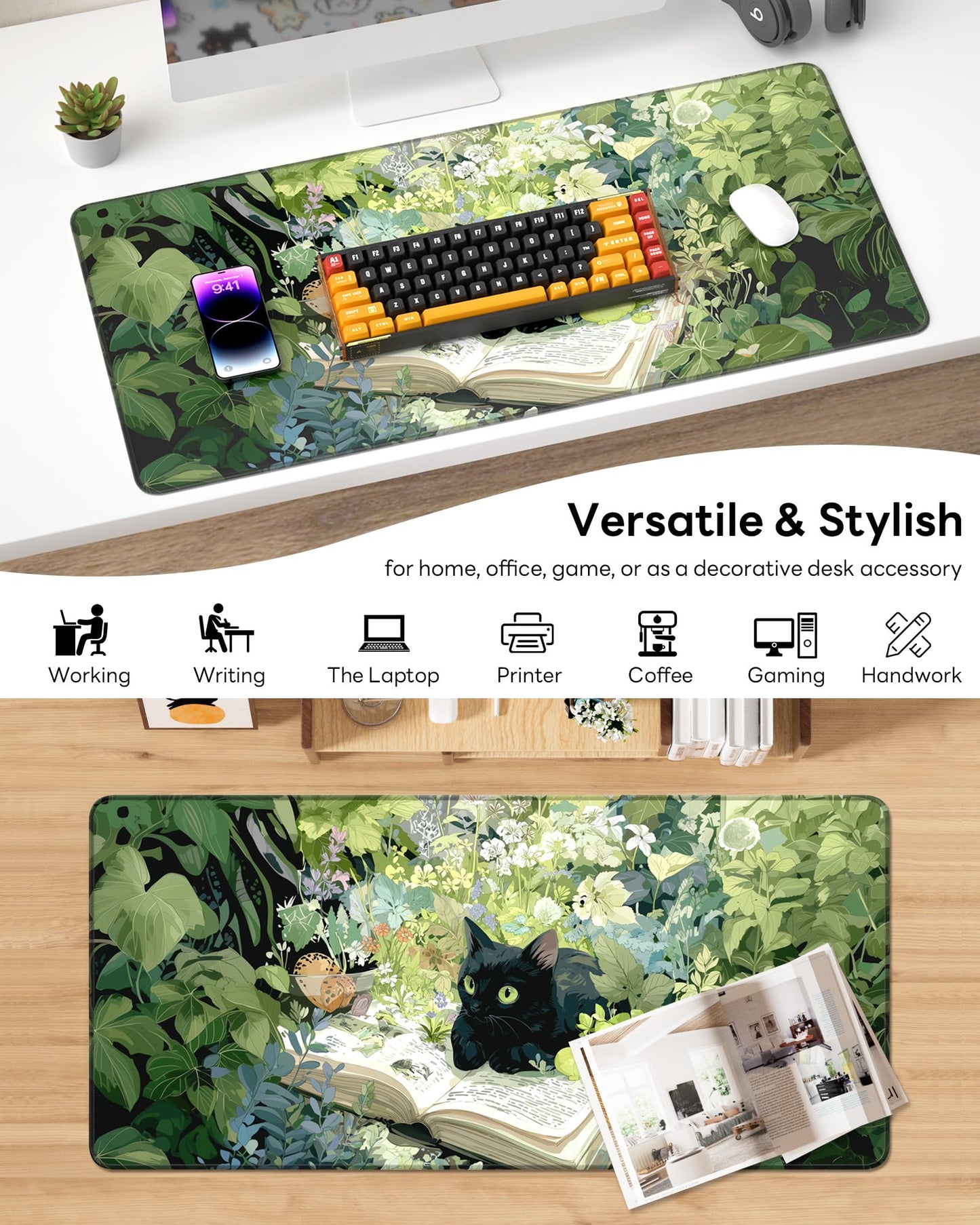 Velluxion XL Gaming Mouse Pad, 31.5x15.7'' Large Desk Mat with Anti-Slip Rubber Base & Stitched Edges for Gaming, Office, Home, Reading Cat