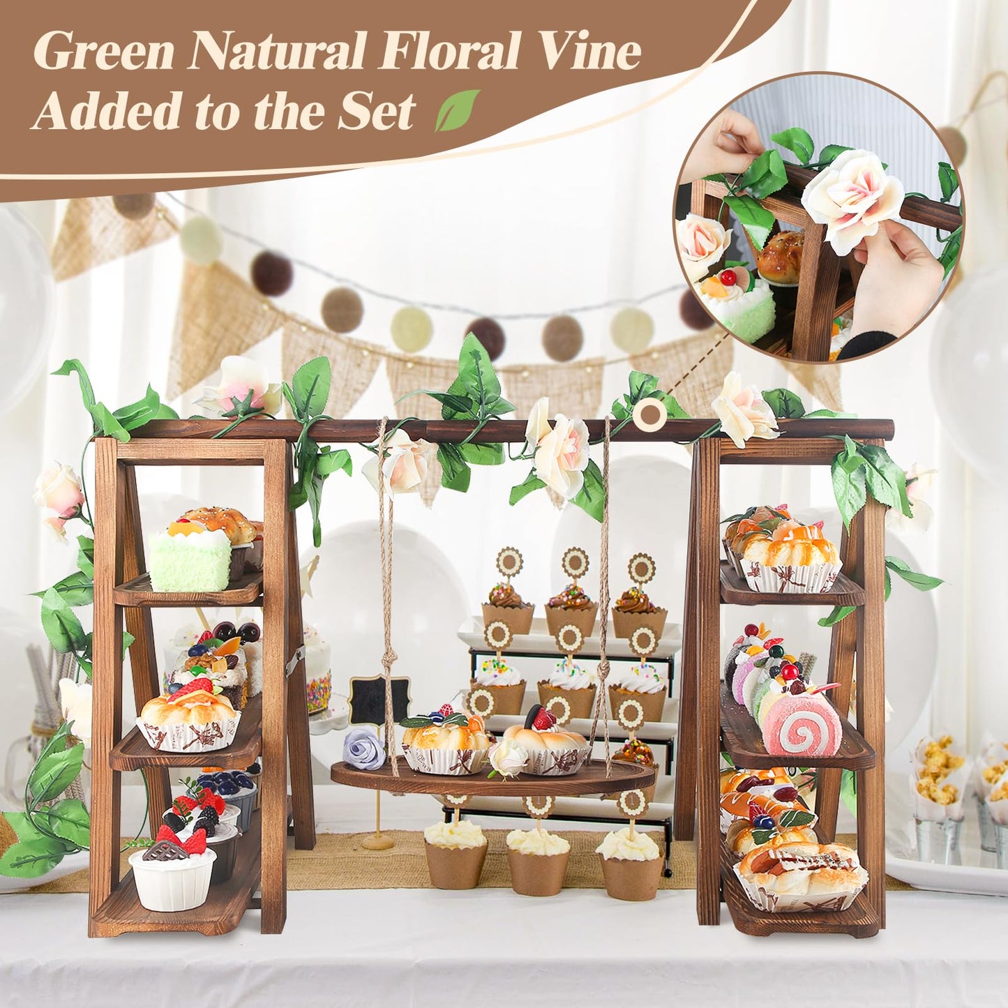 Wisreach Wooden 3 Tier Cupcake Stand with Swing and Flower Decoration Serving Removable Tray Display Serving Ladder Foldable Stand with Serving Platter Tray Party Food Display Set for Cake Snack Fruit Chips Bread Centerpieces Catering