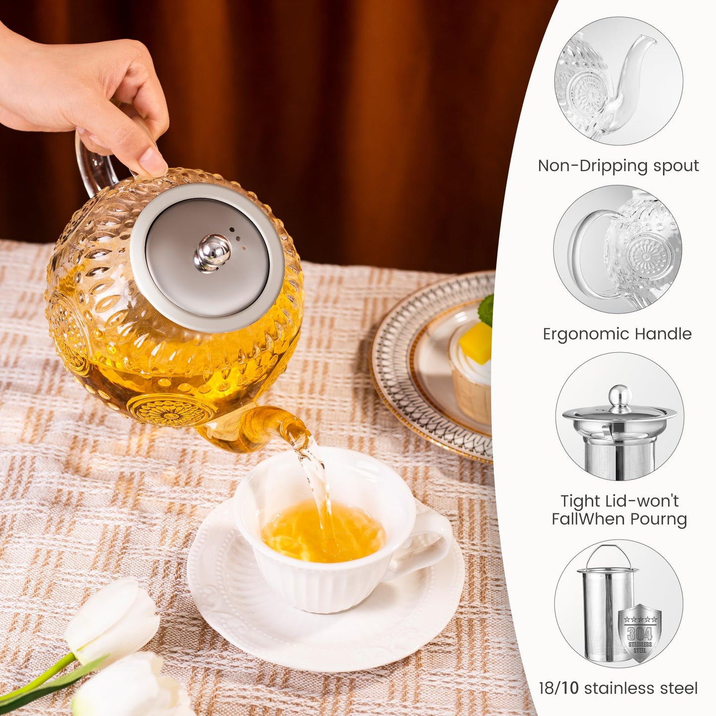 Amzcku 50OZ/1500ml Vintage Glass Teapot with Removable Infuser – Stovetop Safe, Borosilicate Glass Tea Kettle for Blooming & Loose Leaf Tea