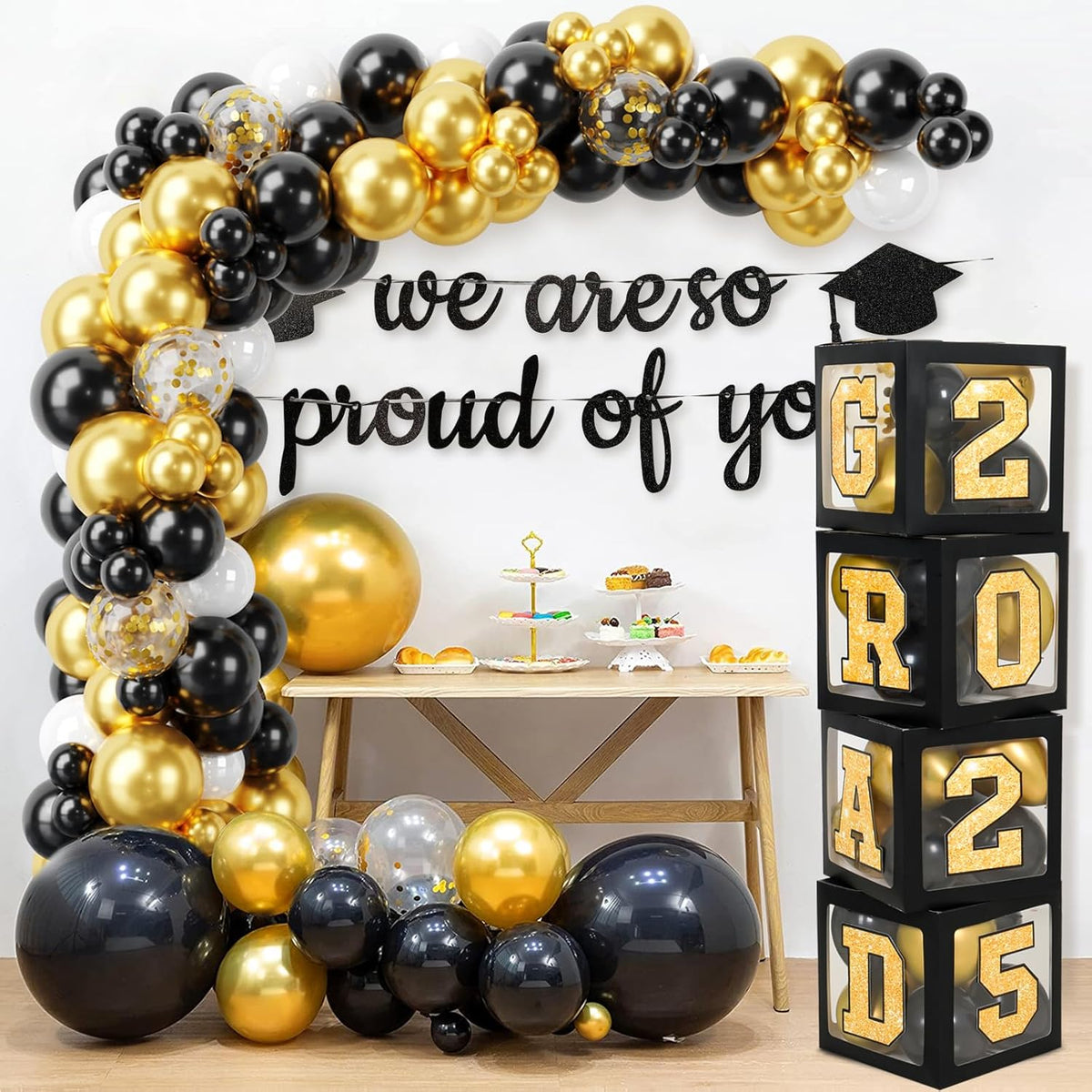 Graduation Decorations Class of 2025 - Black Gold Graduation Party Decorations include Balloon Boxes with Letters, Banner and Balloon Arch Kit for 2025 Grad Party Supplies Photo Backdrop