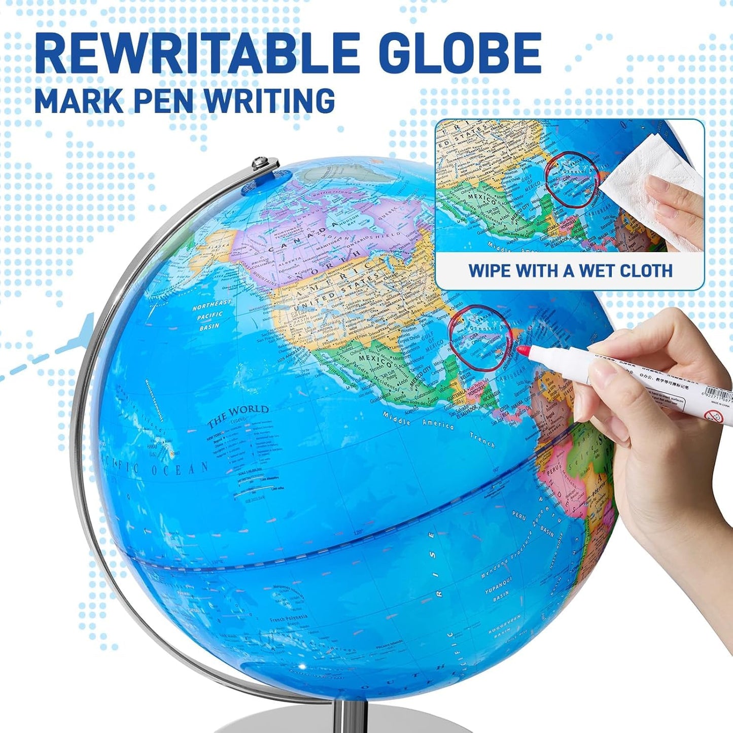BSHAPPLUS 13 inch World Globe for Kids Large Educational Classroom Globe with Rewritable Surface and Sturdy Metal Base HD Waterproof Map for Learning