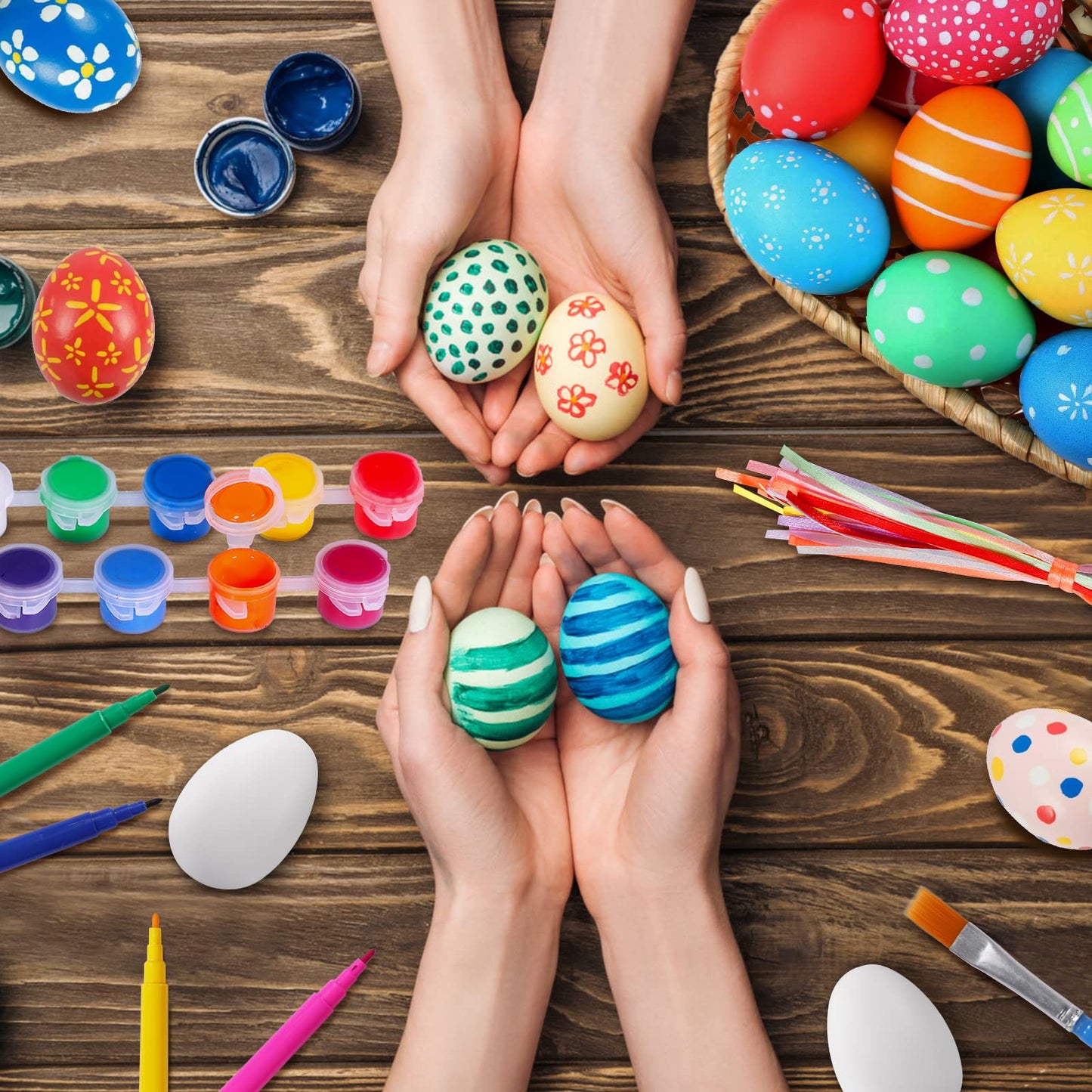 Max Fun 50 Pcs White Blank Easter Eggs Ornaments Bulk Decoration for Craft Hanging Plastic Artificial Eggs with Rope DIY Painting Decorating Basket Fillers Gift Easter Party Favors