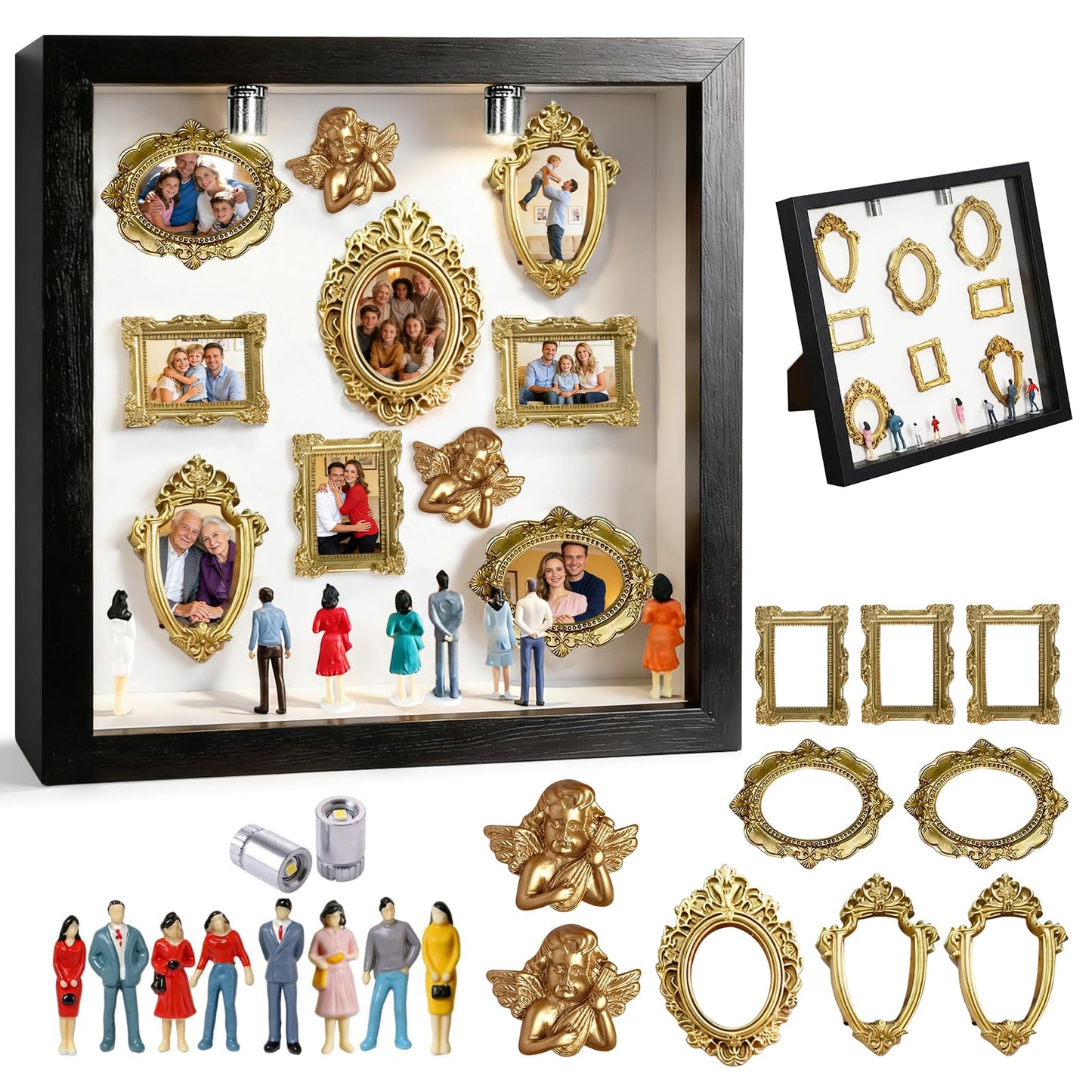 DIY Mini Museum Silhouette Box, Shadow Box Frame Kit with Gold Miniature Frames、Angel & Figurines, Custom Photo Family Memory Display Case Frame Set, for Anniversary, Wedding, Birthday & Home Decor