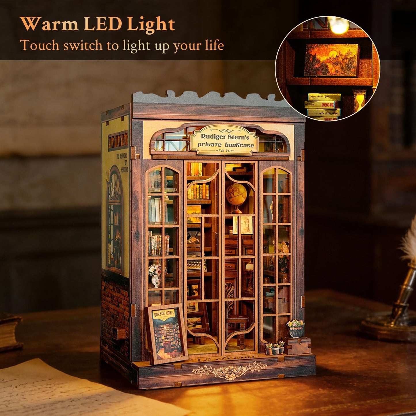 Book Nook Kit DIY Miniature Library Dollhouse, Wooden 3D Puzzle Bookshelf with LED Sensor Light, Bookend Decor for Adults and Teens （Bookcase）