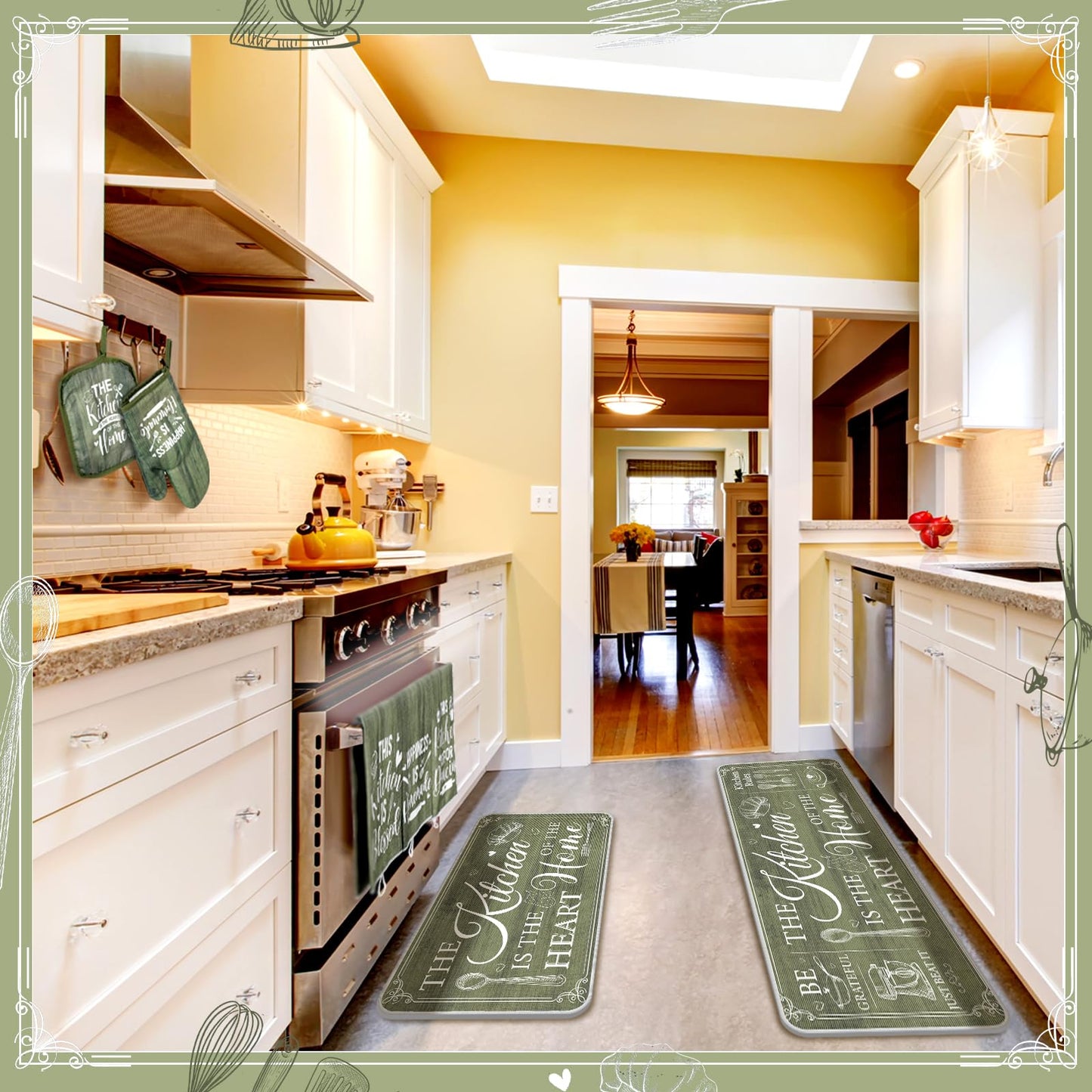 Fourluoo 10 Pcs Farmhouse Kitchen Decor and Accessories Set 4 Kitchen Towels 2 Pot Holders 2 Oven Mitts 2 Rugs for Cooking Baking Mom Housewarming Gifts(Sage Green,Classic Style)