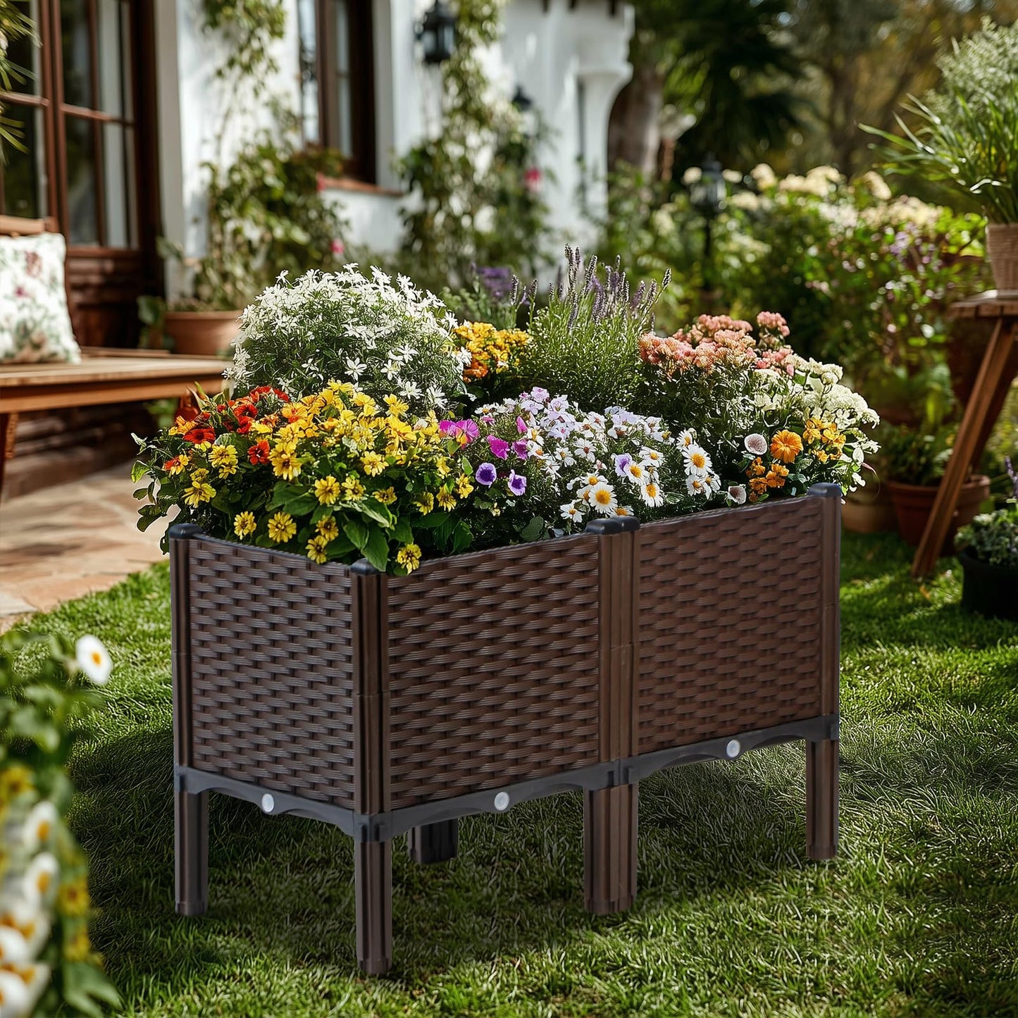 Rattan Raised Garden Bed with Legs-Rectangular Elevated Deep Planters for Outdoor Plants, Self Watering Planter Box 32"L x 16"W x 20"H, Rectangular Deep Garden Bed for Vegetables, Flowers, Herbs