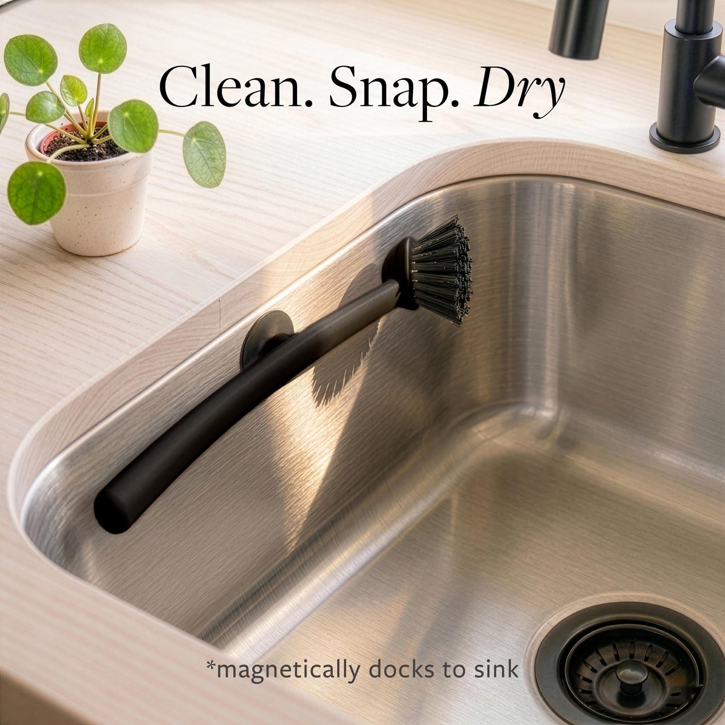 Earth & Mango Magnetic Dish Brush & Scraper, Snaps to Sink, Non-Scratch, Dishwasher Safe, Dish Scrubber – Onyx Black