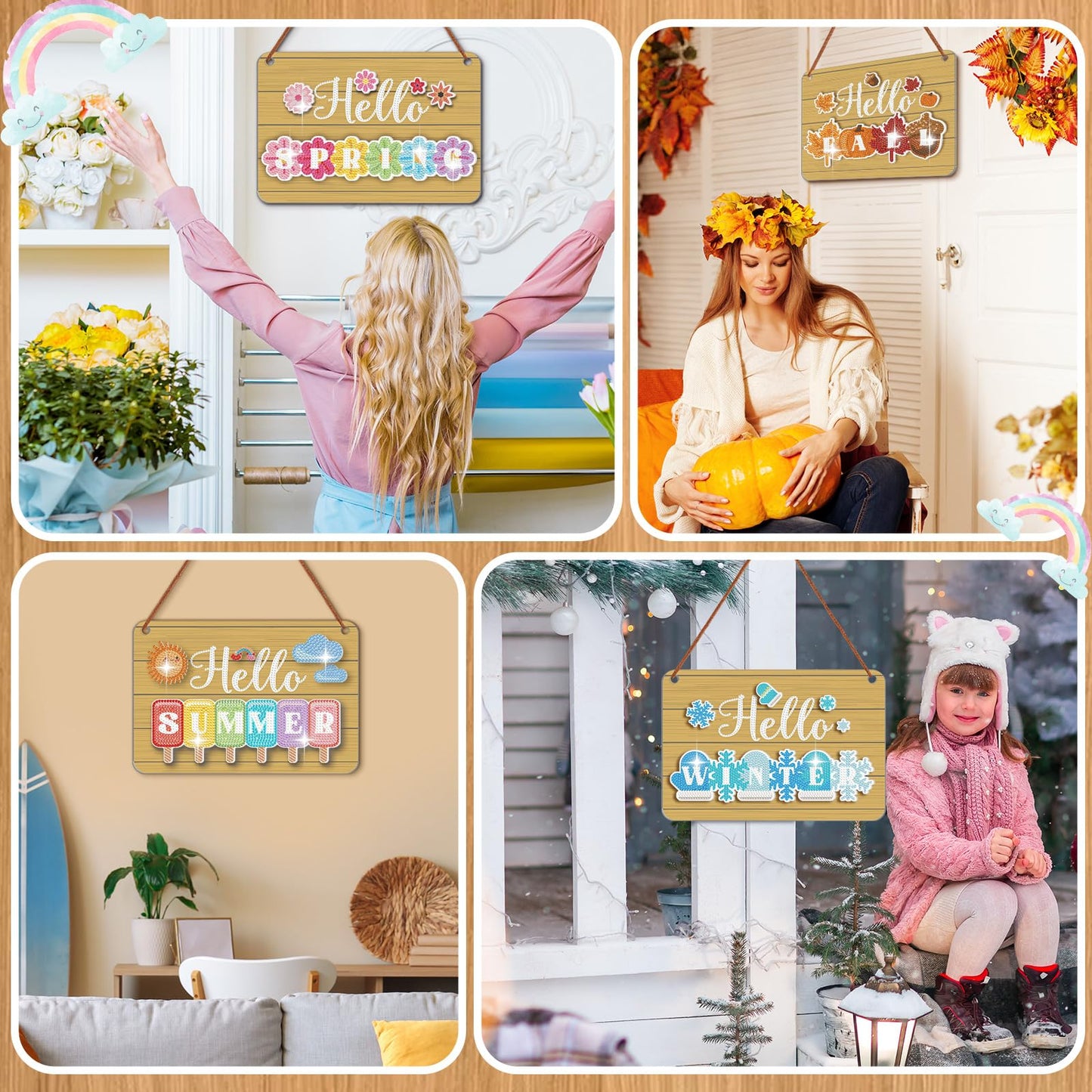 MiniInflat Hello Spring Interchangeable Sign Seasonal Diamond Art Painting Kits with 20 Interchangeable Magnetic Decor Farmhouse Spring Wall Hanging Diamond Painting Sign for Home Decoration(Brown)