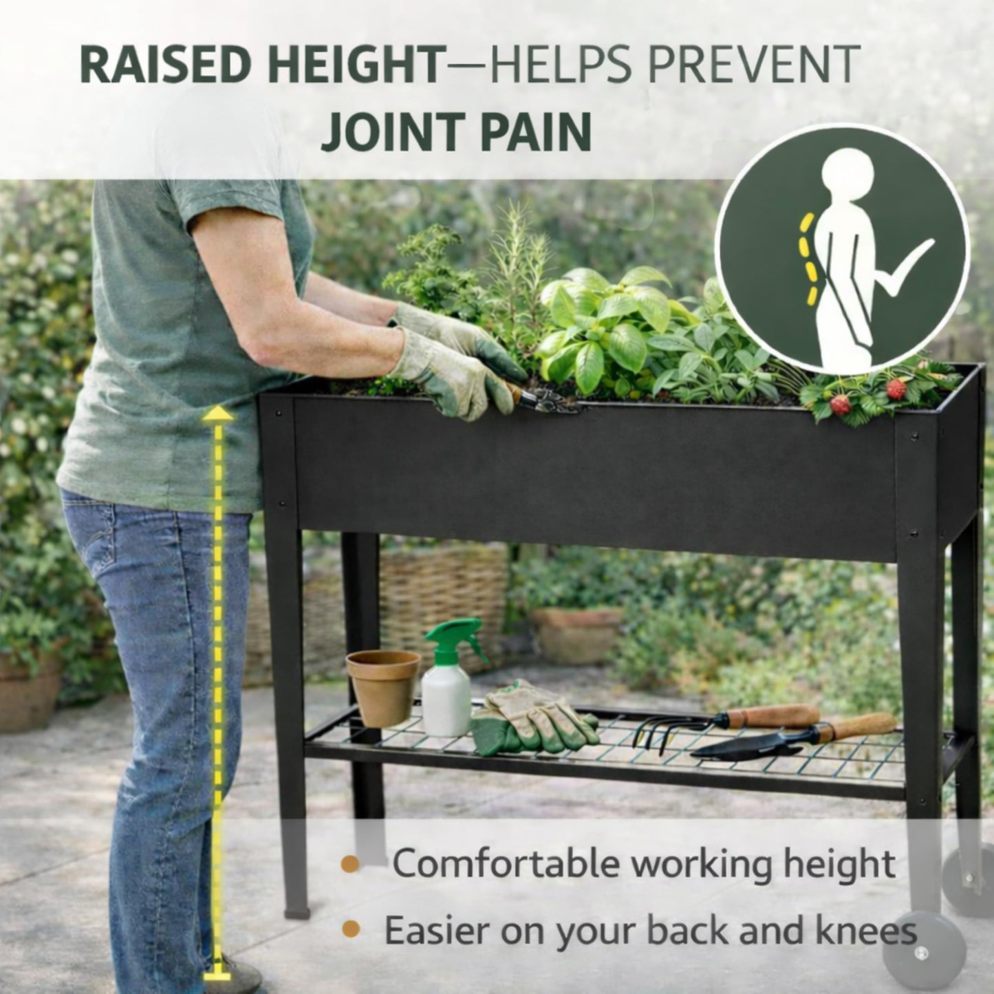 InSideOut Elevated 40" Raised Garden Bed Outdoor with Wheels & Shelf for Mobility, Metal Planter Box for Vegetables/Herbs, Patio-Balcony-Backyard (Charcoal)