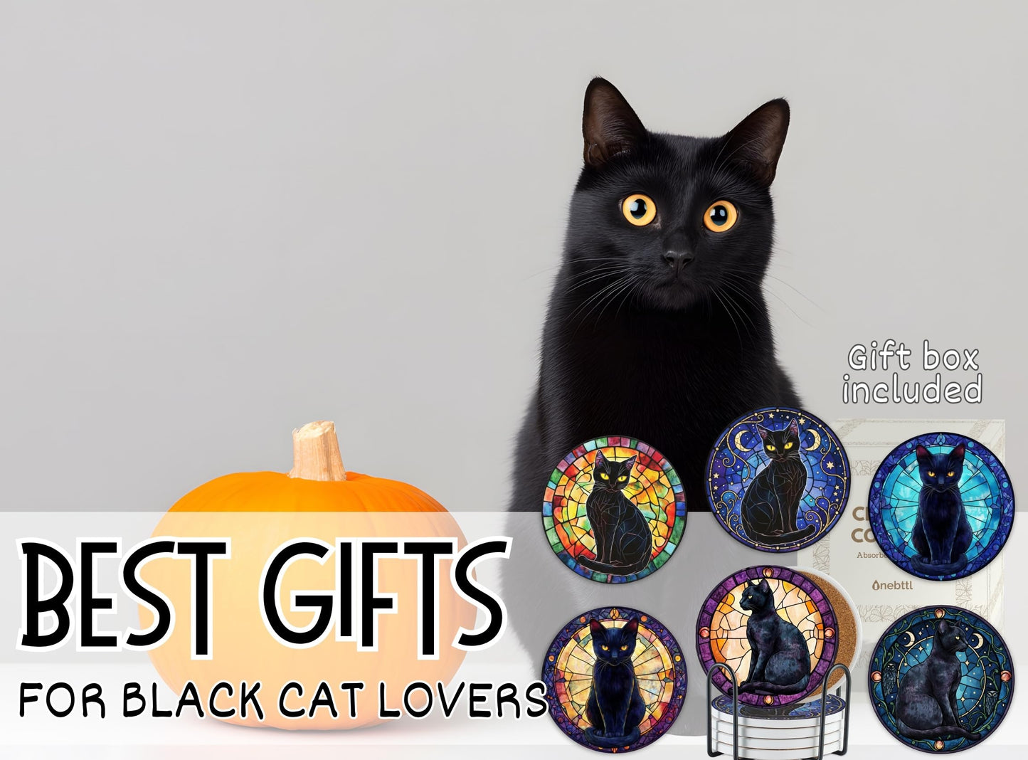 Onebttl Black Cat Gifts for Women, Black Cat Merch Coaster, Set of 6, Ceramic, Absorbent with Cork Base