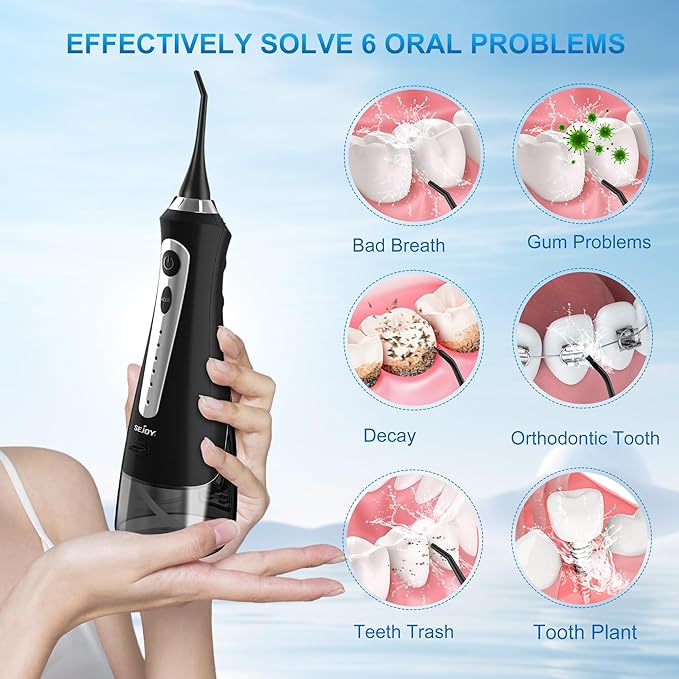 Sejoy Water Flossers for Teeth, Water Flosser Cordless Rechargeable, Water Flosser for Braces for Kids Travel, for Teeth Cleaning, 5 Cleaning Modes 8 Jet Tips, IPX7 Waterproof, 230ml