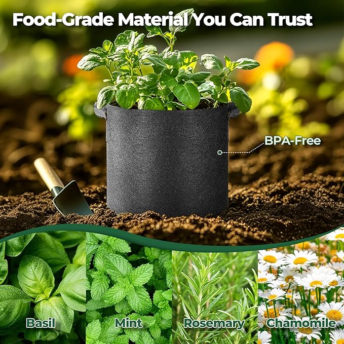 T4U 3 Gallon Grow Bags, Upgrade Grow Bags with Handles, Heavy Duty Thickened Nonwoven Fabric Pots, 3 Gallon Pots for Plants, Rosemary, Chamomile, Onion (10 Pack)