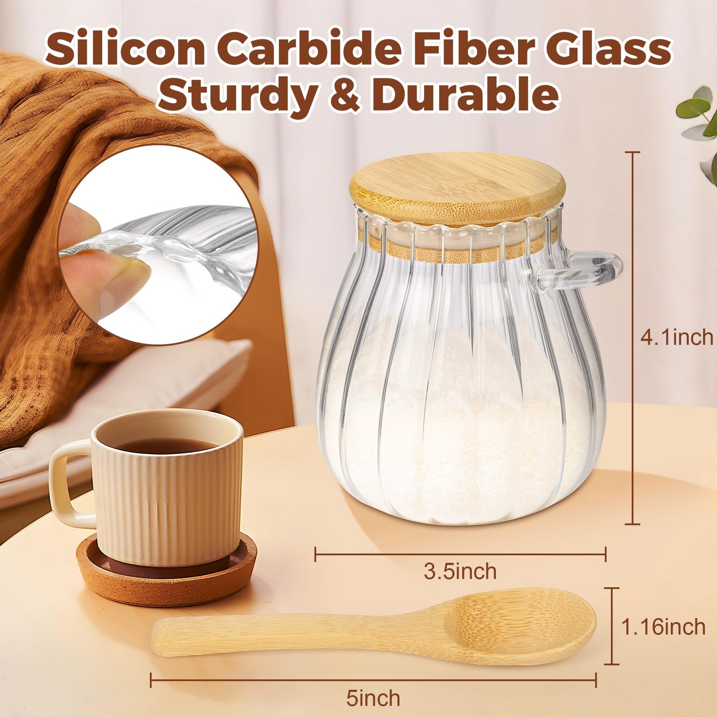 holoith 2Pcs Sugar Container with Bamboo Lid and Spoon,15oz Sugar Bowl Glass Jar for Coffee Bar Accessories Coffee Canister Kitchen Decor Housewarming Gift Christmas Refillable Design