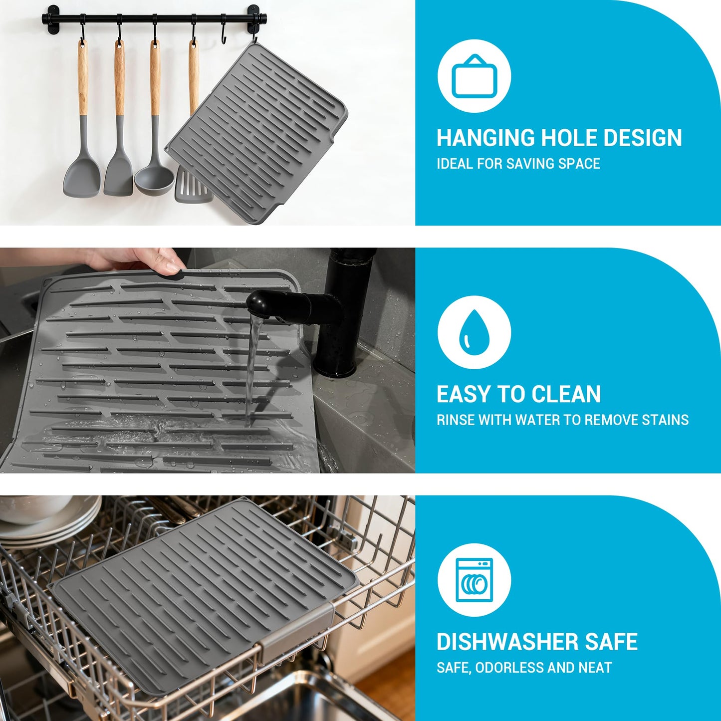 Foldable Silicone Dish Drying Mat for Kitchen Counter & Sink - Quick Dry, Space Saving, Non-Slip Pad for Small Apartments & Coffee Bar Dark Grey