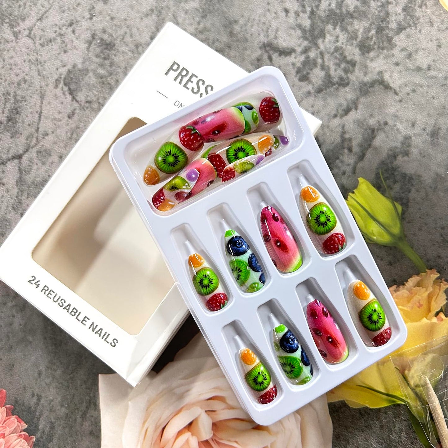Fruit Press on Nails Medium Almond Shaped Watermelon Strawberry and Kiwi Blueberry Pattern Design Summer Acrylic Fake Nail Full Cover Glossy Artificial Fingernails Handmade Glue on Nails for Women