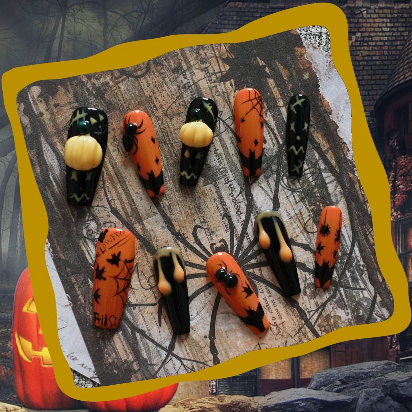 Tesytto Handmade Goth Press on Nails Long Coffin - Black 3D Bat & Spider Web Design, Cool Alt Style Luxury Glue on Nails (Pumpkin Bat Silhouette,M)