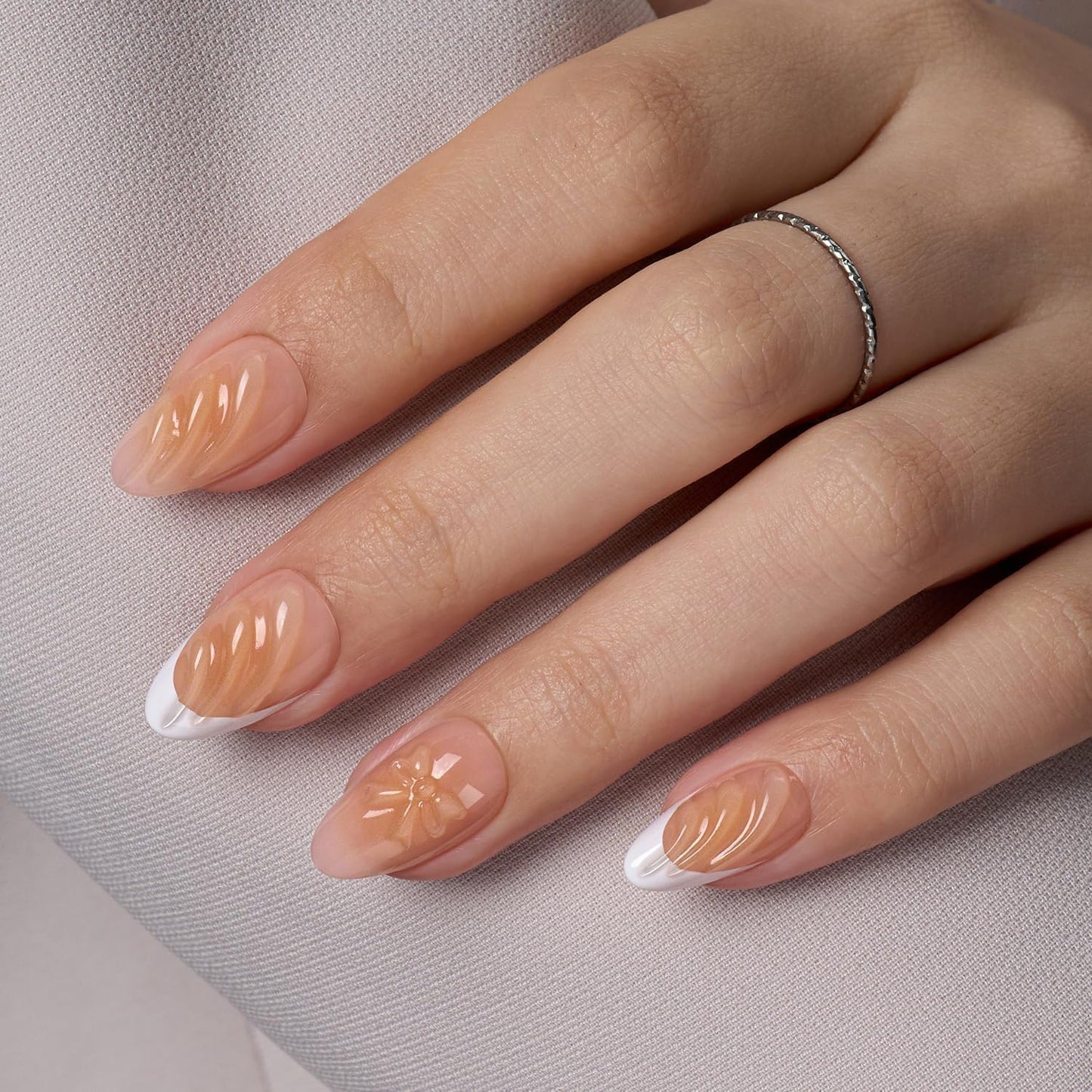 Short Almond Press-On Nails - 32 PCS French Tip Cream Finish Main Nails in 16 Sizes & 10 PCS Alternative Nails - Fake Nail Kit with UV Glue, Easy Tabs, Nail Glue，Remover & Nail Lamp