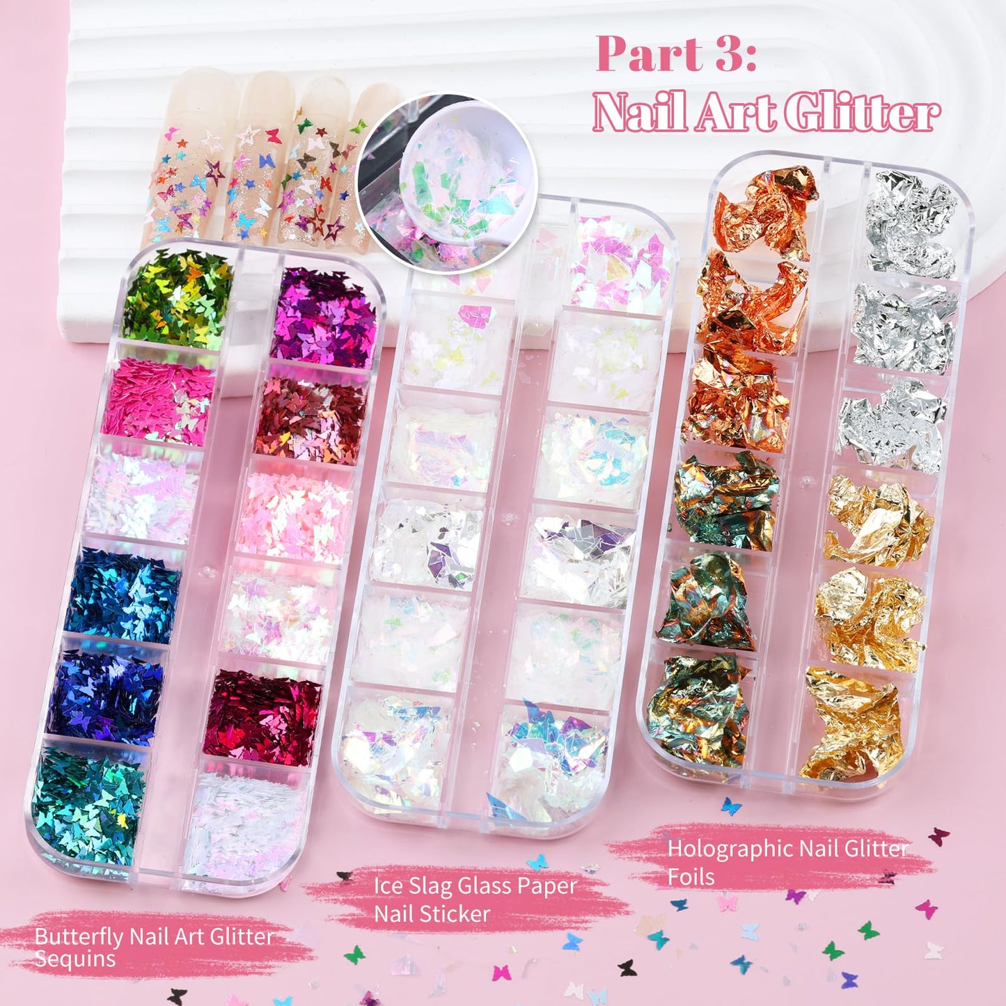 Kikonoke 10 Boxes Nail Art Kit - 12 Colors Pointed/Flatback Rhinestones, 3D Gold/Silver/Rose Nail Studs, White Beige Half Pearls, Holographic Glitter & Foils + 3 Tools for DIY Nail Art Jewels & Crafts