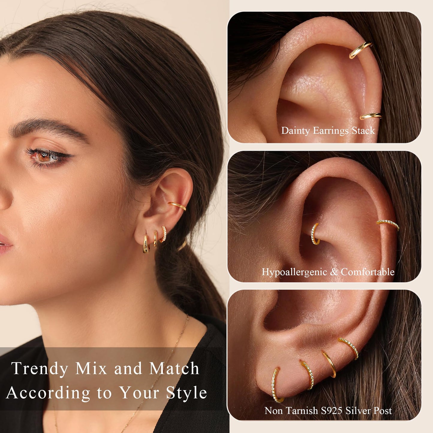 DORANA 3 Pair Small Gold Hoop Earrings Set for Women 925 Sterling Silver Huggie Earrings Non Tarnish Small Cartilage Hoops Stackable Earring Stacks Sets for Multiple Piercing