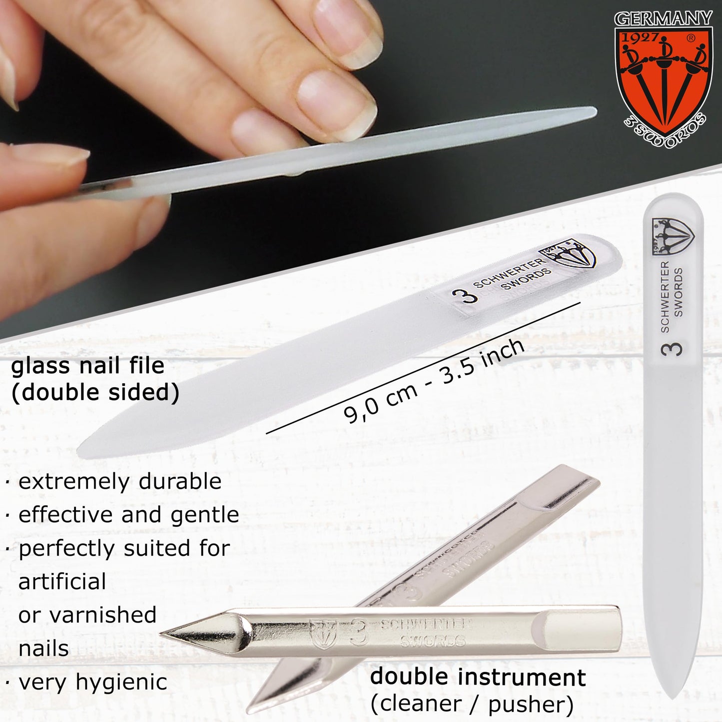 3 Swords Germany - Brand Quality 6 piece Manicure Pedicure Grooming kit Set - Scissors, Metal and Glass Nail File, Clipper, Tweezers with Synthetic Leather case - Black
