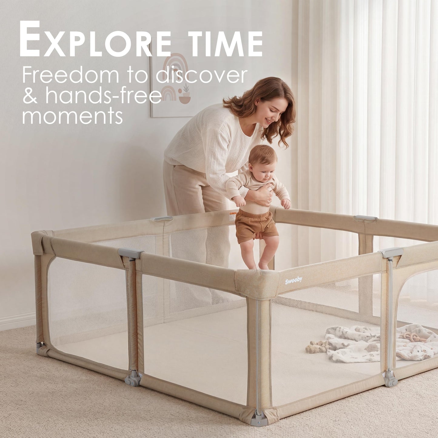 Sweeby Baby Playpen, 59x59 Inch Gate Foldable for Babies and Toddlers, Extra Large with Door Play Yard for Fence Indoor and Outdoor, Light Khaki