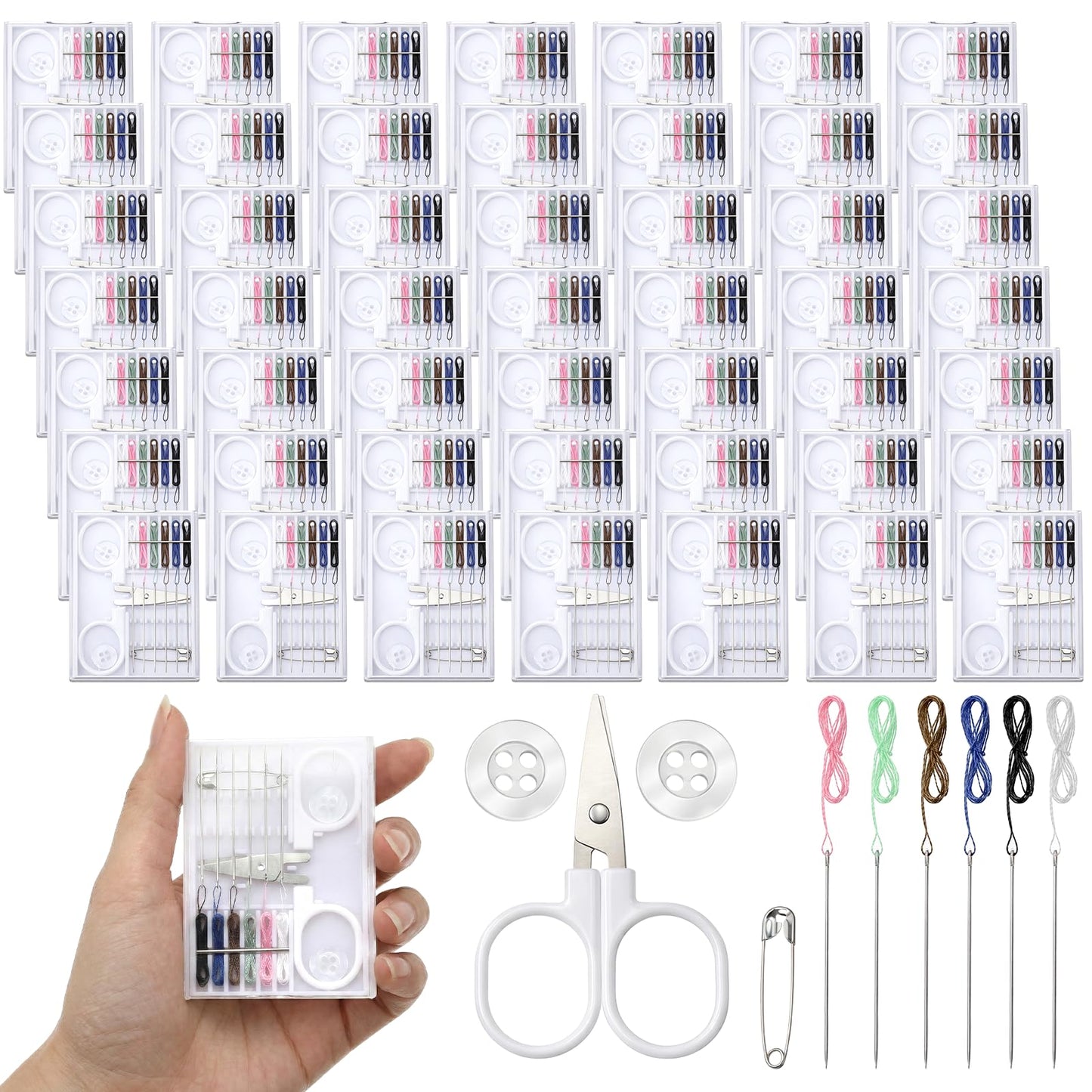 Lyksgir 50 Boxes Quick Fix Sewing Kits Bulk, Small Travel Sewing Box, Portable Pre-Threaded Needle Emergency Repair Tool, Including 2 Buttons, 6 Colors of Thread, 1 pin, and Scissors