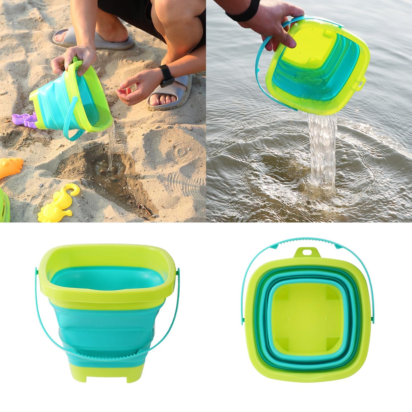 8 PCS Kids Foldable Pail Seabeach Sand Toys Sensory Playset, Portable Sandbox Digging Toys Including Bucket, Shovel, Spoon, 2 in 1 Shell Shark Teeth Sifter & Castle Building Sand Mold Kit for Children
