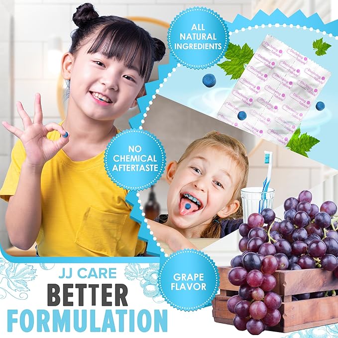 JJ Care Plaque Disclosing Tablets for Teeth - 150 Count, Individually Wrapped Plaque Disclosing Tablets for Kids Brushing Teeth, Grape Flavored Plaque Remover, Dental Care for Brushing