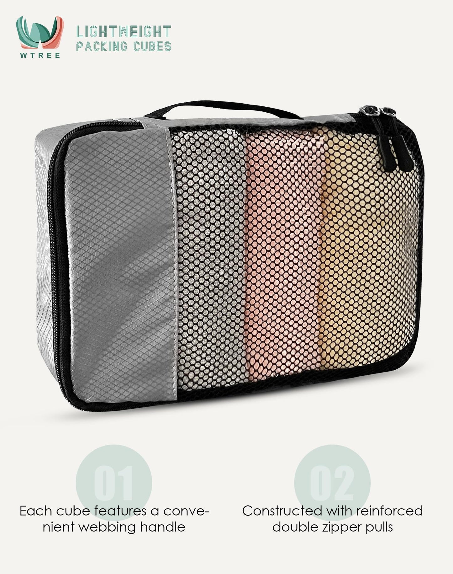 WTREE 4-Piece Packing Cubes Travel Accessories Set for Suitcases - Luggage Organizer Bags with Double Zipper - Mesh Top - Small/Medium/Large/Slim - Grey
