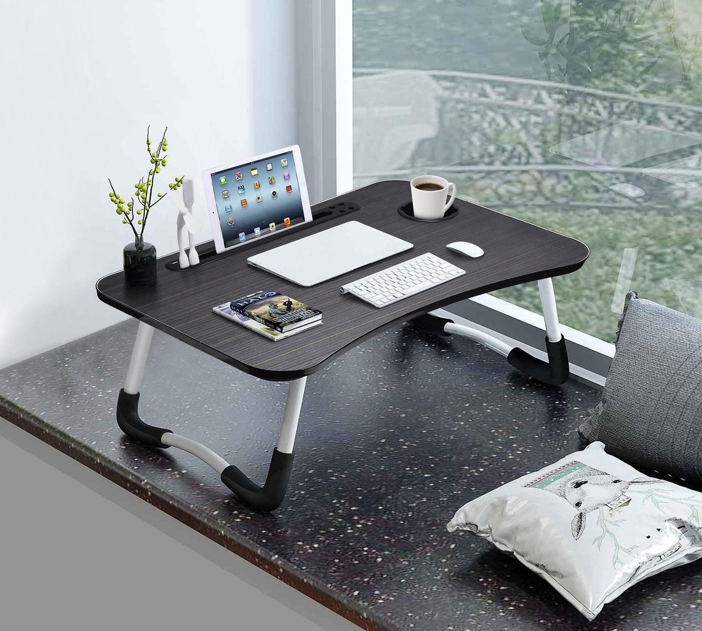 Slendor Lap Desk with Cup Holder, Foldable Laptop Table for Bed, Portable Bed Desk for Laptop and Writing, Computer Tray with Tablet Slot, Notebook Stand Reading Holder for Couch Sofa Floor,Black
