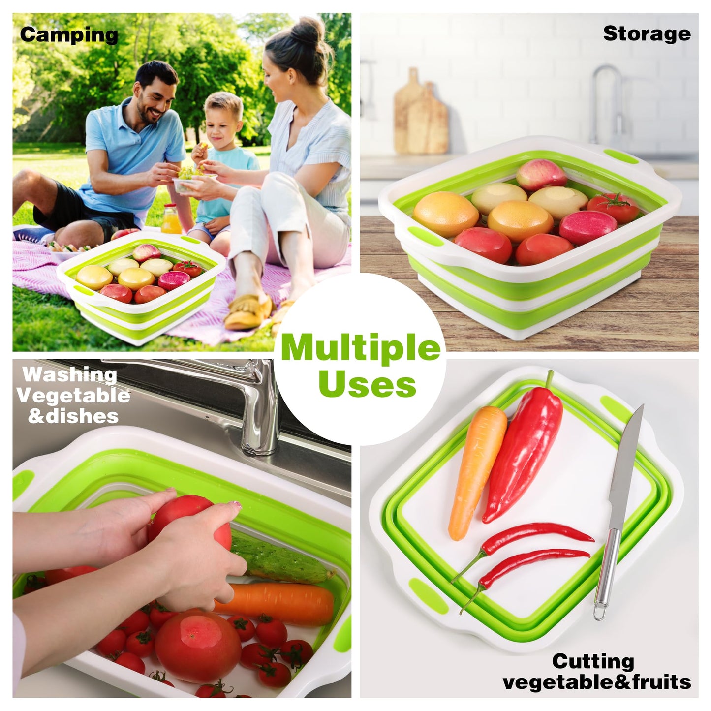 2 Pack Collapsible Cutting Board, Foldable Dish Tub with Draining Hole, Portable Chopping Board with Colander, 3 in 1 Multifunction Camping Sink for Washing Dish, Bowl, Vegetables and Fruit