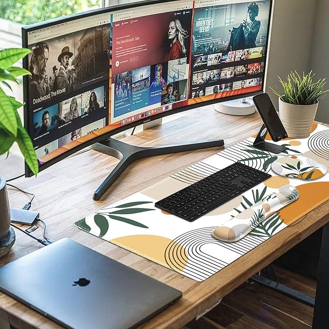iCasso Mouse Pad and Keyboard Wrist Rest Set, 4in1 XXL Large Mousepad +Keyboard Pad+Mouse Wrist Rest+Coaster with Wrist Support, Ergonomic Desk Pad Mat for Home Office Table Computer-Elm Leaf