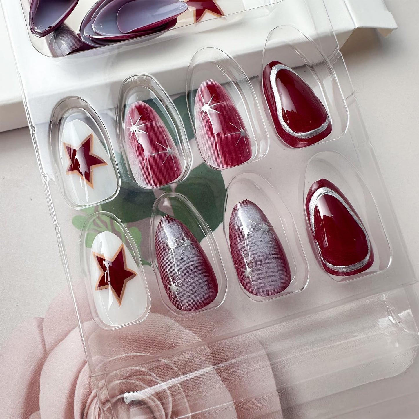 Mkwntg 24Pcs Wine Red Press on Nails Medium Almond Fake Nails with 3D Silver Chrome Line Design Star Ombre Full Cover Acrylic False Nails Y2K Reusable Glossy Stick on Nails for Women manicure DIY