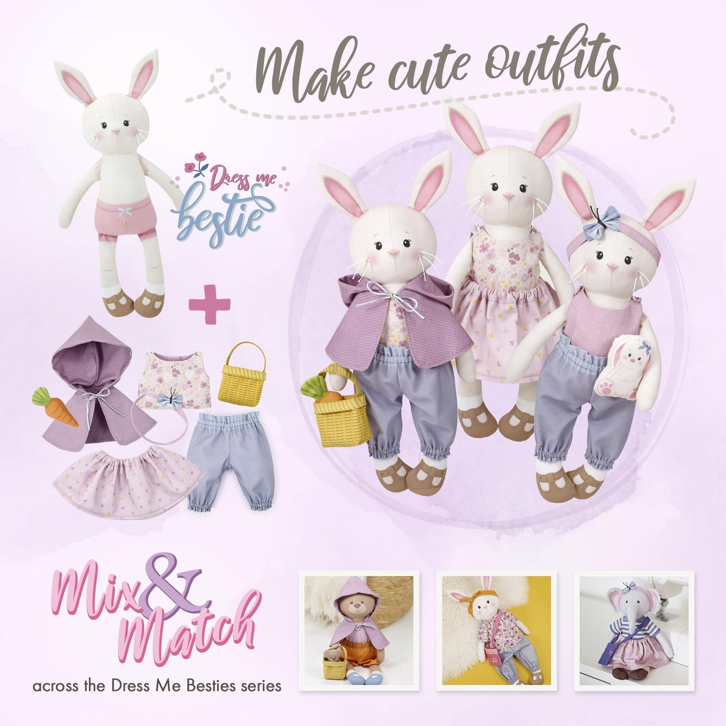 Doll Sewing Panel for Intermediate Skills - with Video Instructions - Cut & Sew Fabric Panel Doll with Clothes: Dress Me Bestie Bibby Bunny