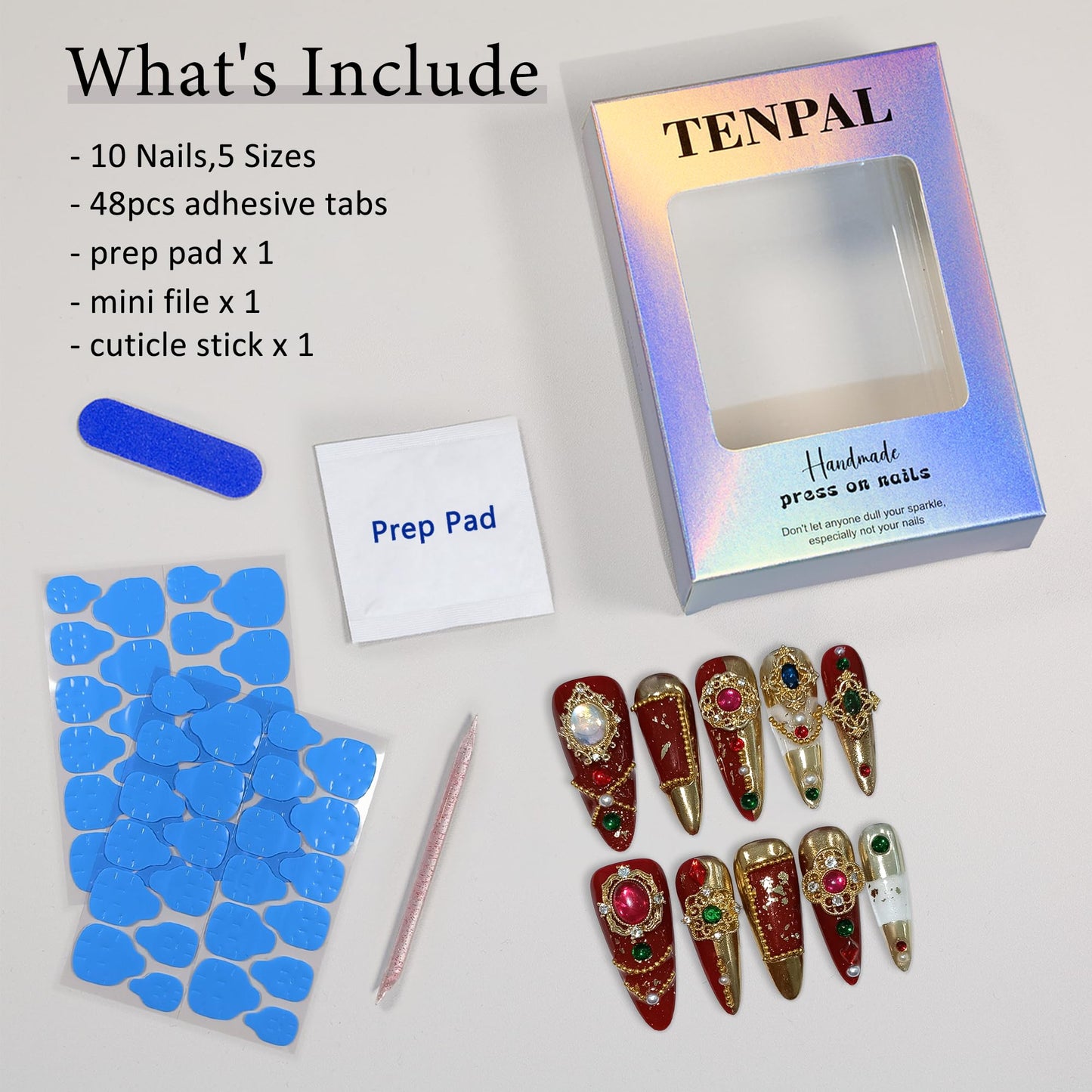 TENPAL Imperial Bridal Press On Nails Long Stiletto,Phoenix Vermeil Ruby Filigree Designs Glue on Nails,Heirloom Cameo False Nails 10Pcs with Tools Kit,Reusable Wedding Fake Nails for Bride Matron(S)