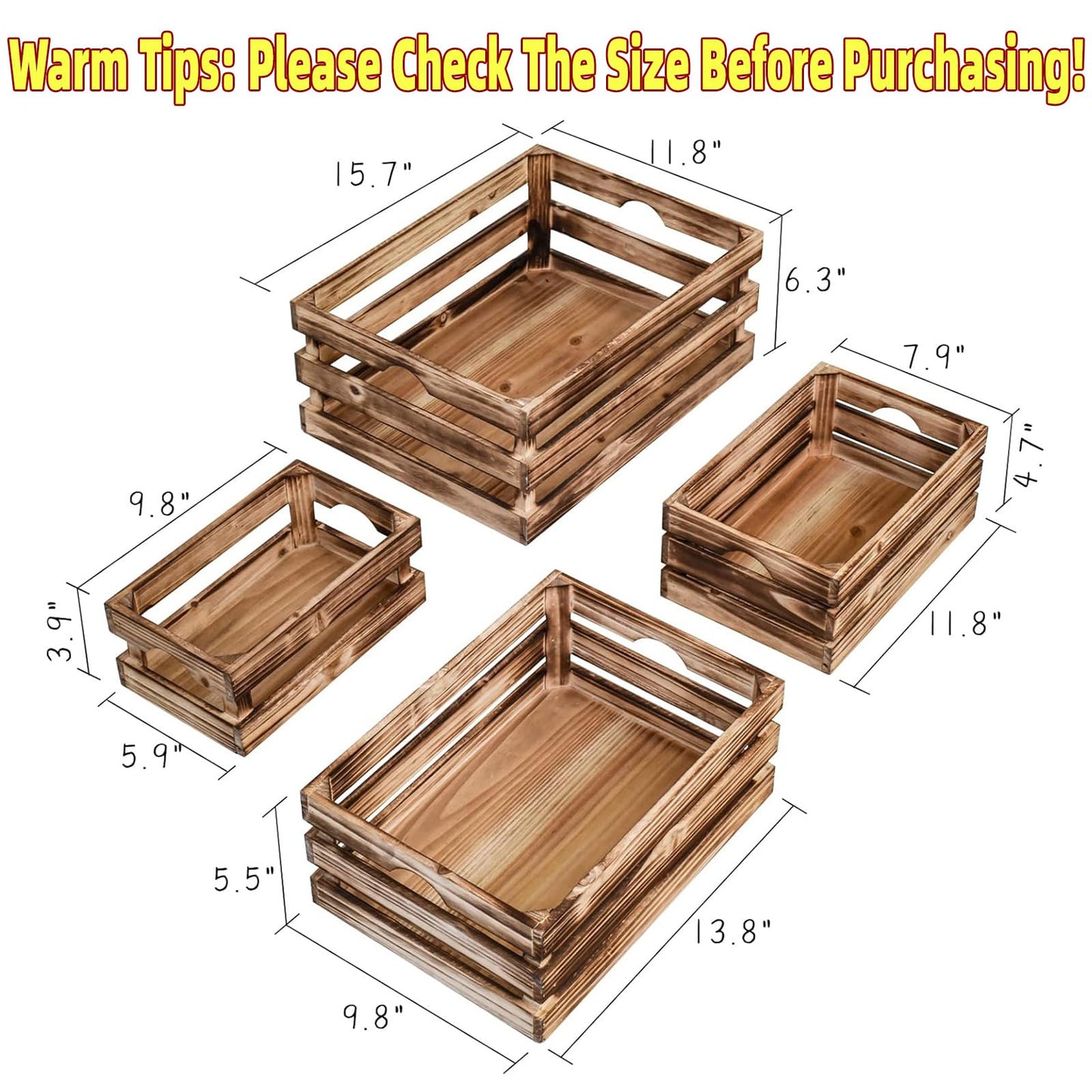 MACVAD Set of 4 Large Torched Wood Decorative Storage Crates, Nesting Wooden Crates for Display Rustic, Farmhouse Wooden Storage Container Boxes Made from 100% Wood
