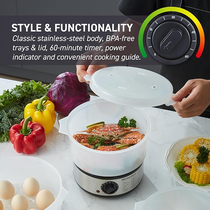 Elite Gourmet EST750 7.5 Quart, 3-tier, Electric Food Vegetable Steamer with BPA-Free Steamer Tray, Auto Shut-off 60-min Timer, 400W, Stainless Steel