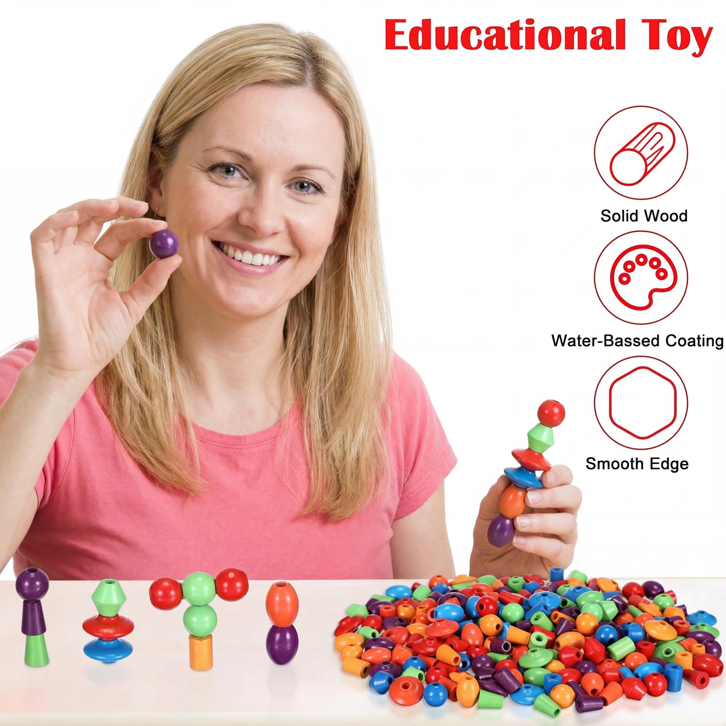 Shappy 324 Pcs Wooden Lacing Beads for Wooden String Beads Threading Toys Montessori Lacing Toys Fine Motor Skills Developmental Educational Plaything Sensory Occupational Therapy Activities Autism OT