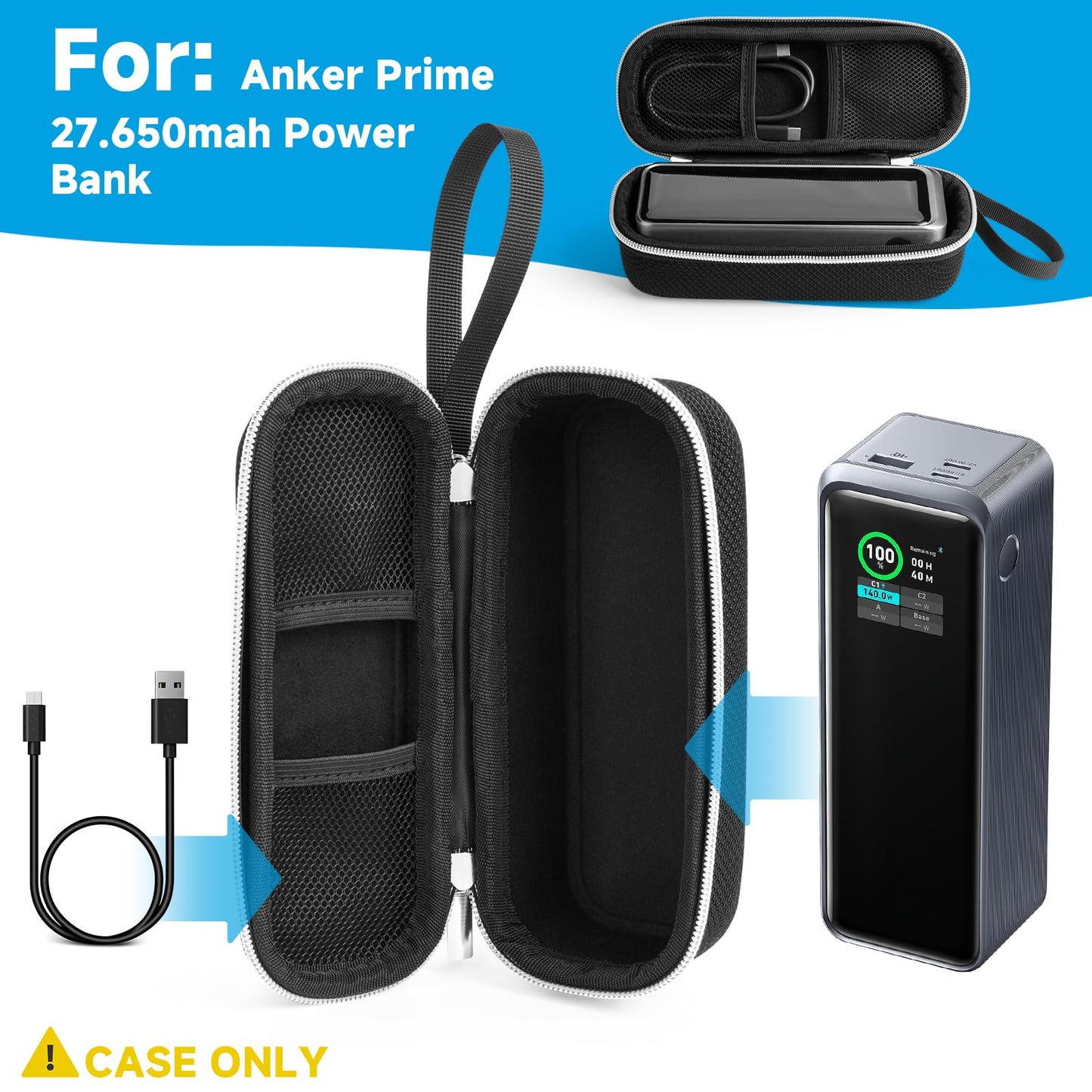 CaSZLUTION Hard EVA Protective Case for Anker Prime 250W Power Bank 27650mAh Portable Charger - Shockproof Travel Storage with Hand Strap & Carabiner Clip (Black Case Only)