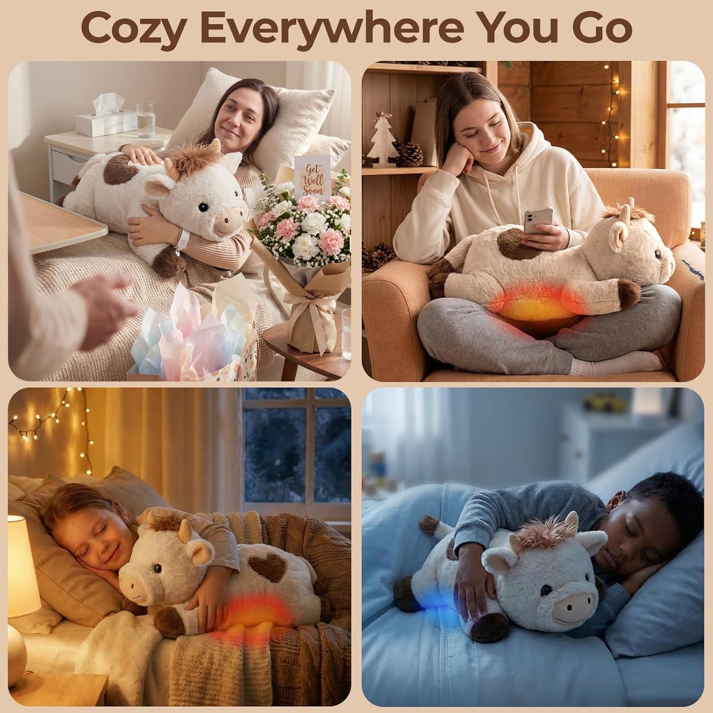Mewaii Weighted Stuffed Animals for Adults & Kids, 2-5 lbs - 23" Heatable Coolable Cow Plush, Microwavable Adjustable Removable Inner Pad, Realistic Hug Comfort Gift (White)