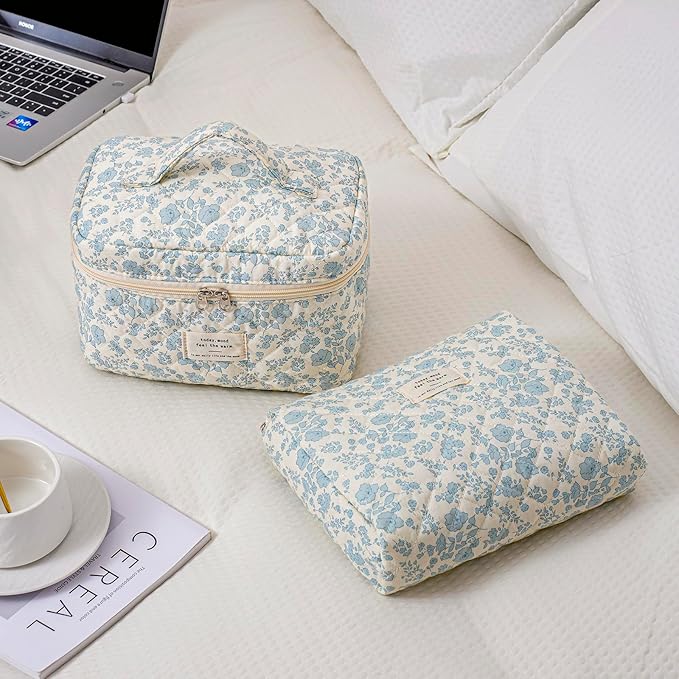 3Pcs Aesthetic Cotton Quilted Drawstring Makeup Bag Set, Cute Flowers Makeup Pouch for Girls and Women, Coquette Travel Organized Cosmetic Bags for Purse, Toiletry Bag (07Blue Flower)