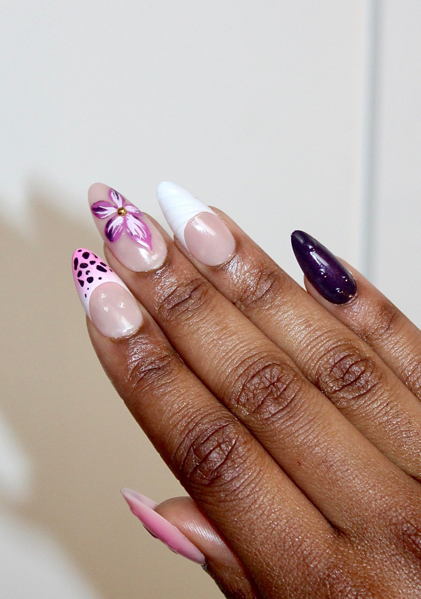 Press On Nails – Nude & Pink Floral Leopard Design with 3D Flower & Gold Studs | Almond Shape, 24 Reusable Nail Art Set
