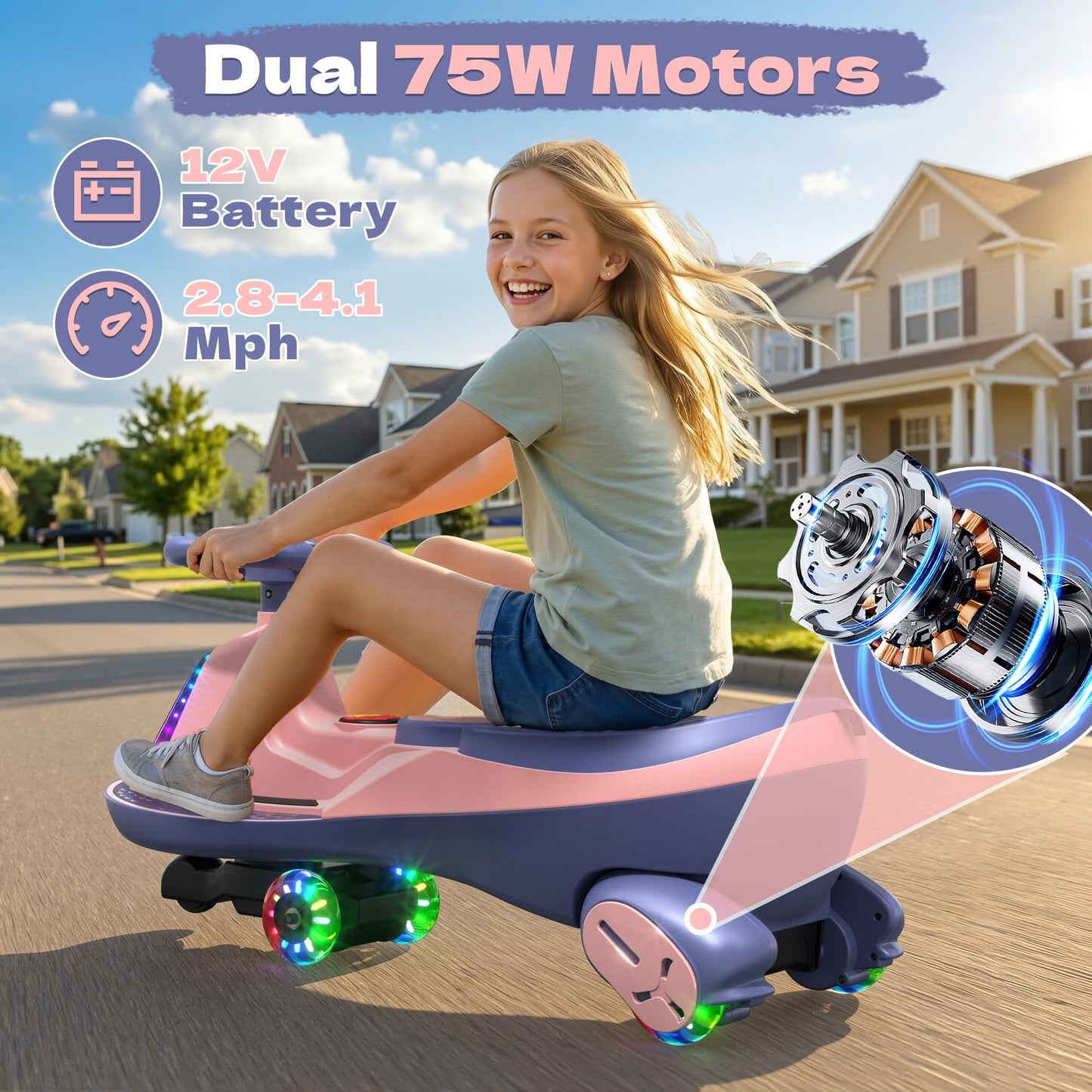 ANPABO 12V Electric Wiggle Car with Pedals, 2 Seater, 2x75W Motor, Music & Bluetooth, Ride On Toy for Kids Ages 3+, 170 Lbs, Pink