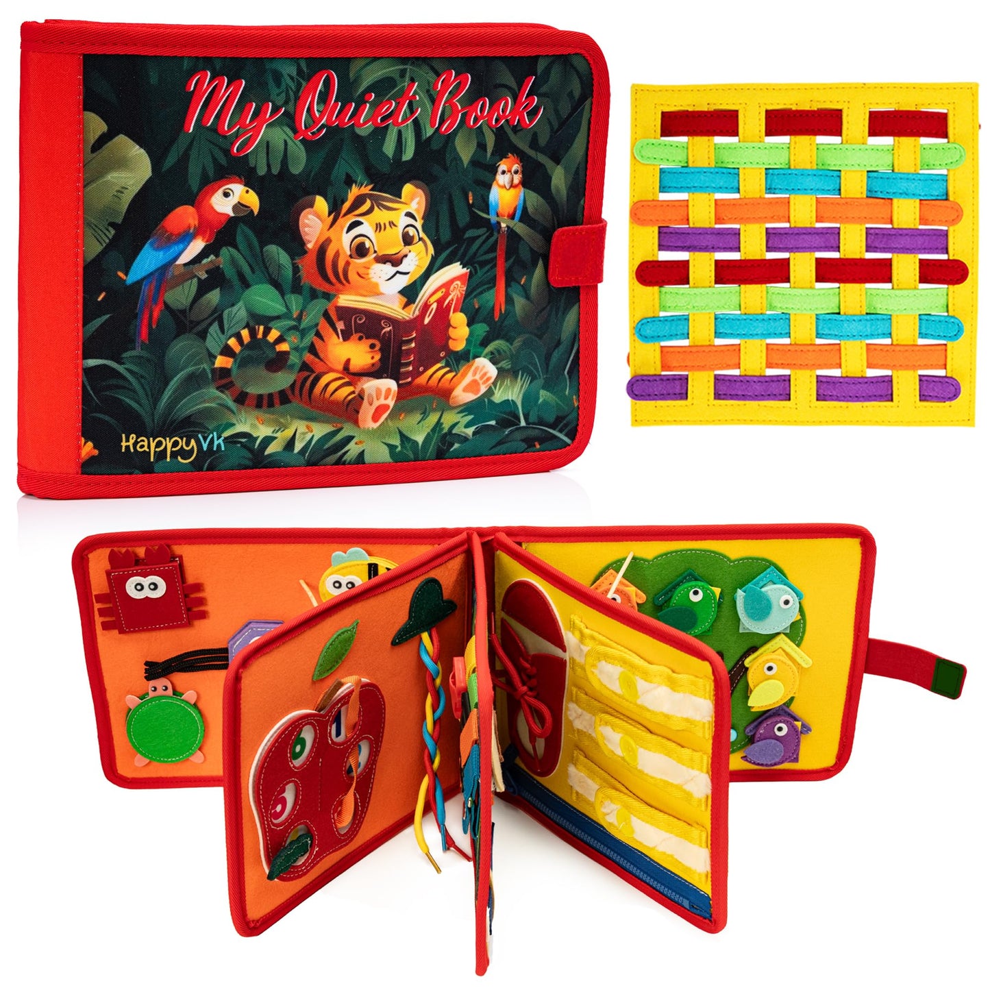 HappyVk Busy Book for Toddlers - Montessori Travel Toys with 13 Educational Activities - My Quiet Book - and A Felt Activity Board Game with 10 Weaving Strips