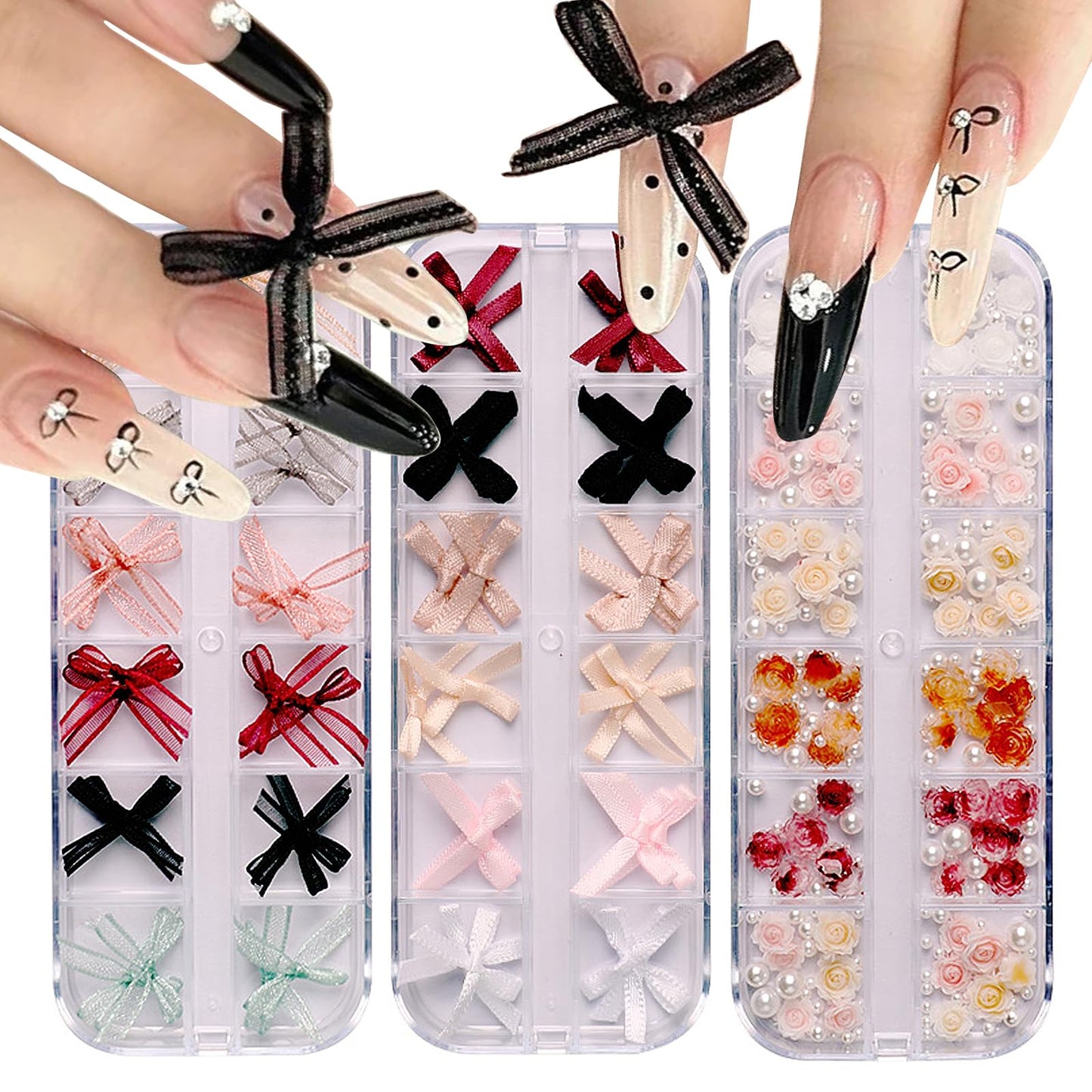 JERCLITY 3 Boxes Nail Decoration Set 48pcs Chiffon Fabric Bow Nail Charms 48pcs Ribbon Bow Charms 72pcs Rose Nail Charms with Pearls for Women Nail Art