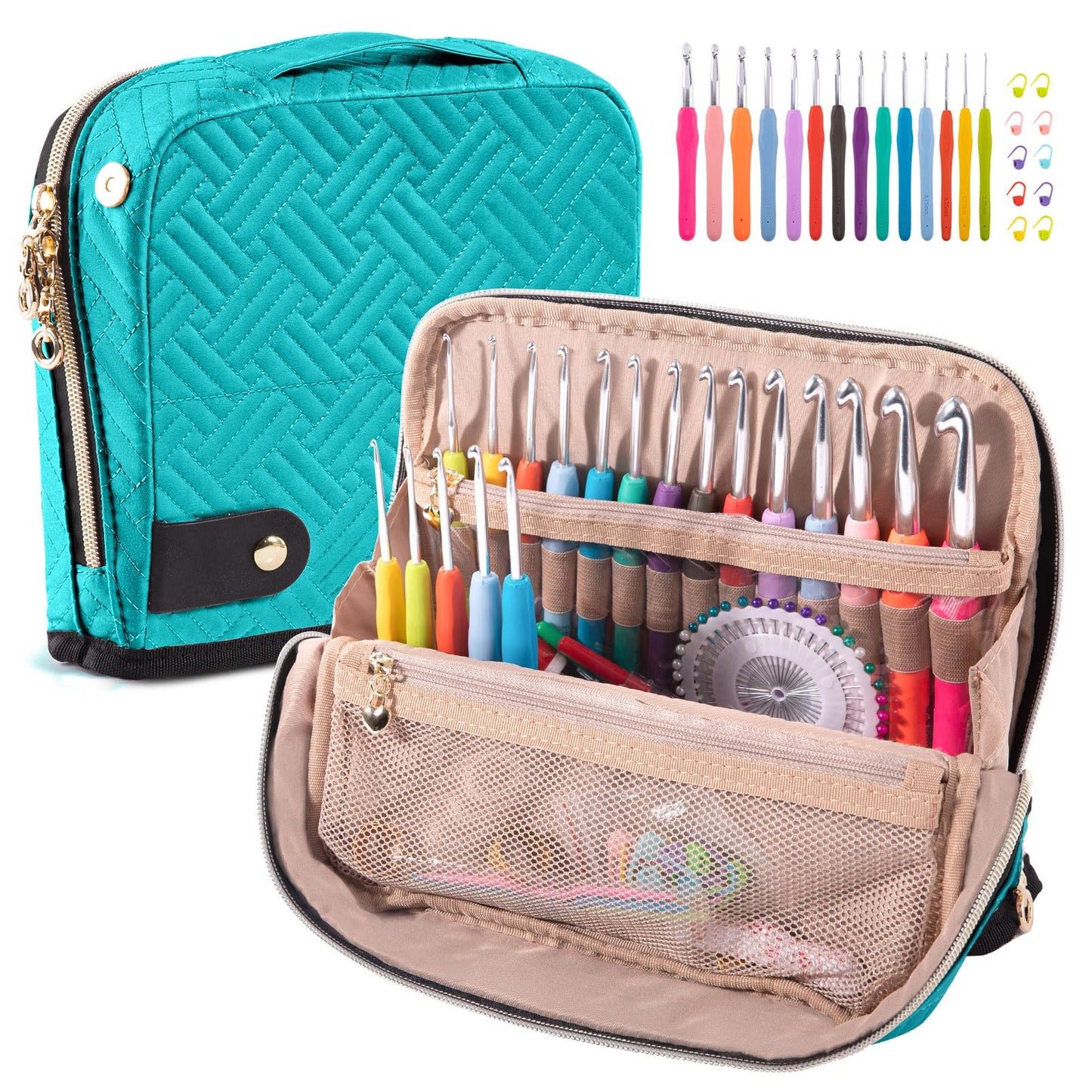 MYBAGZING Crochet Hook Case with 14 Size Crochet Hooks Set 2mm(B)-10mm(N) Ergonomic Crochet Hooks with Crochet Case Stand Up - Crochet Hook Organize for Crochet Lovers, Crochet Kit for Beginners