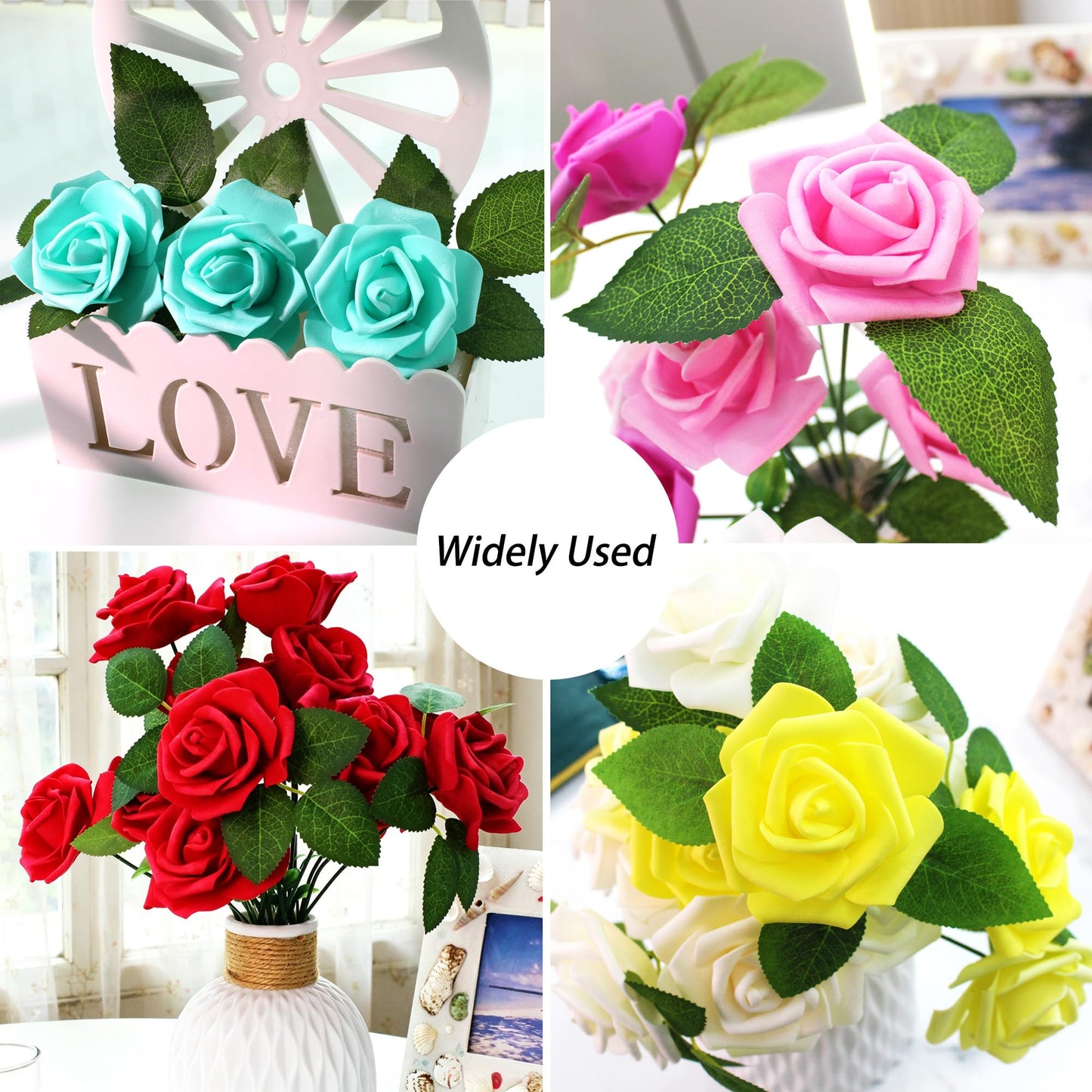 Vignor 100 Pcs Artificial Flowers Green Leaf Bulk Faux Greenery Silk Fake Rose Leaves Bouquet Garland Wreath Floral Arrangement Supplie DIY Craft (1 Stem with 3 Large-Leaf Green)