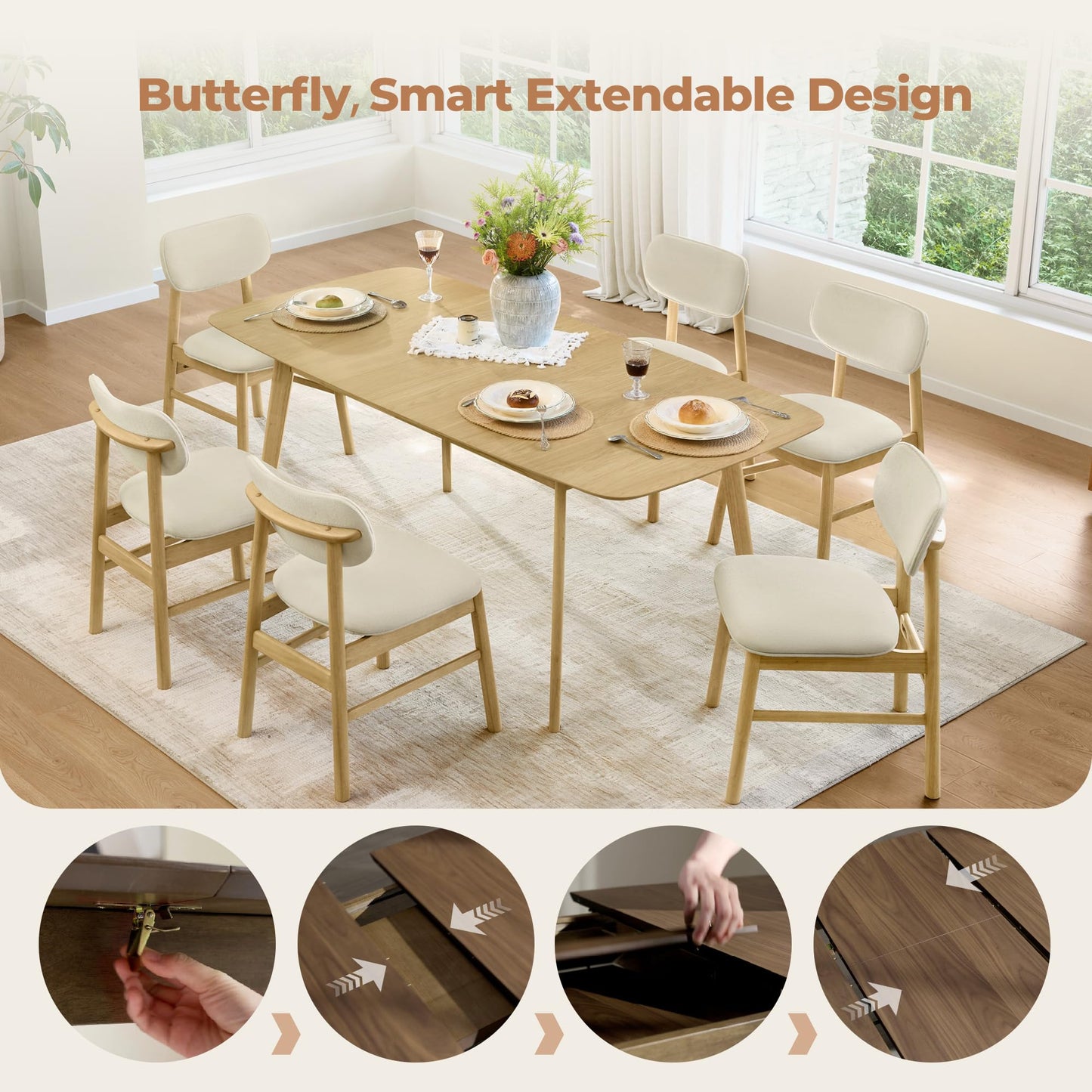 CHITA 59"-75" Extendable Dining Room Table for 4-6, Modern Wood Dining Table for Small Spaces, Kitchen, Space Saving Hidden Leaves, Solid Rubberwood Frame, Oak Veneer